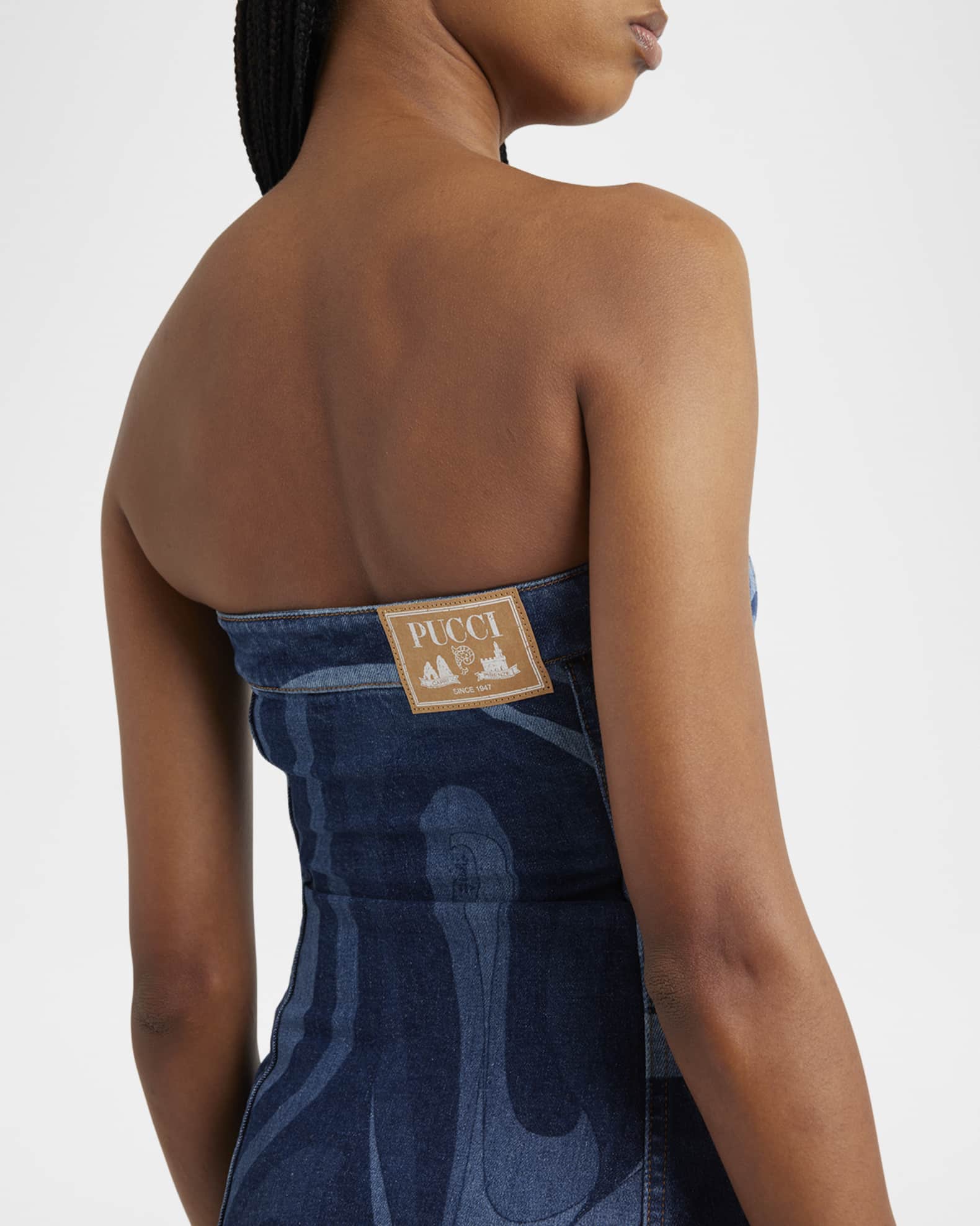 Pucci Strapless Marmo-Print Denim Button-Front Mini Dress | Neiman Marcus