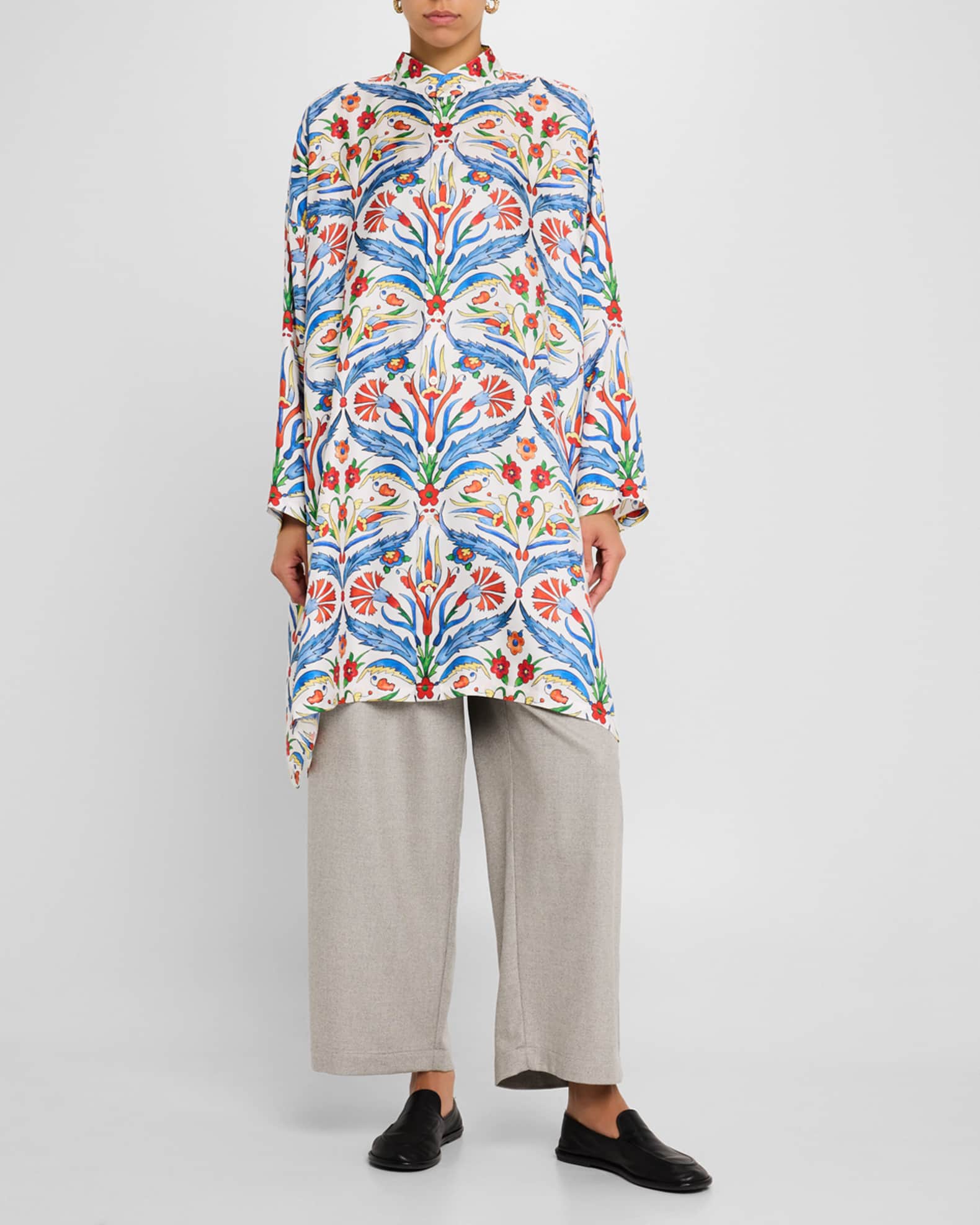 Wide A-Line Collarless Shirt With Slits (Very Long Length) 1