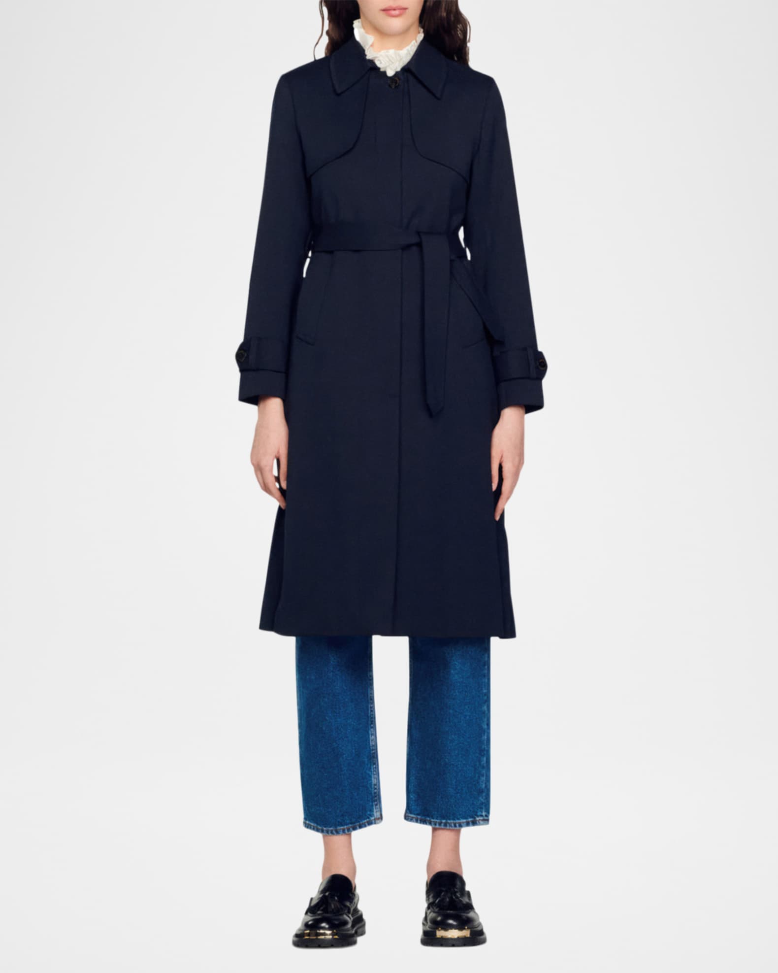 Sandro Navy Pleated-Back Belted Trench Coat | Neiman Marcus