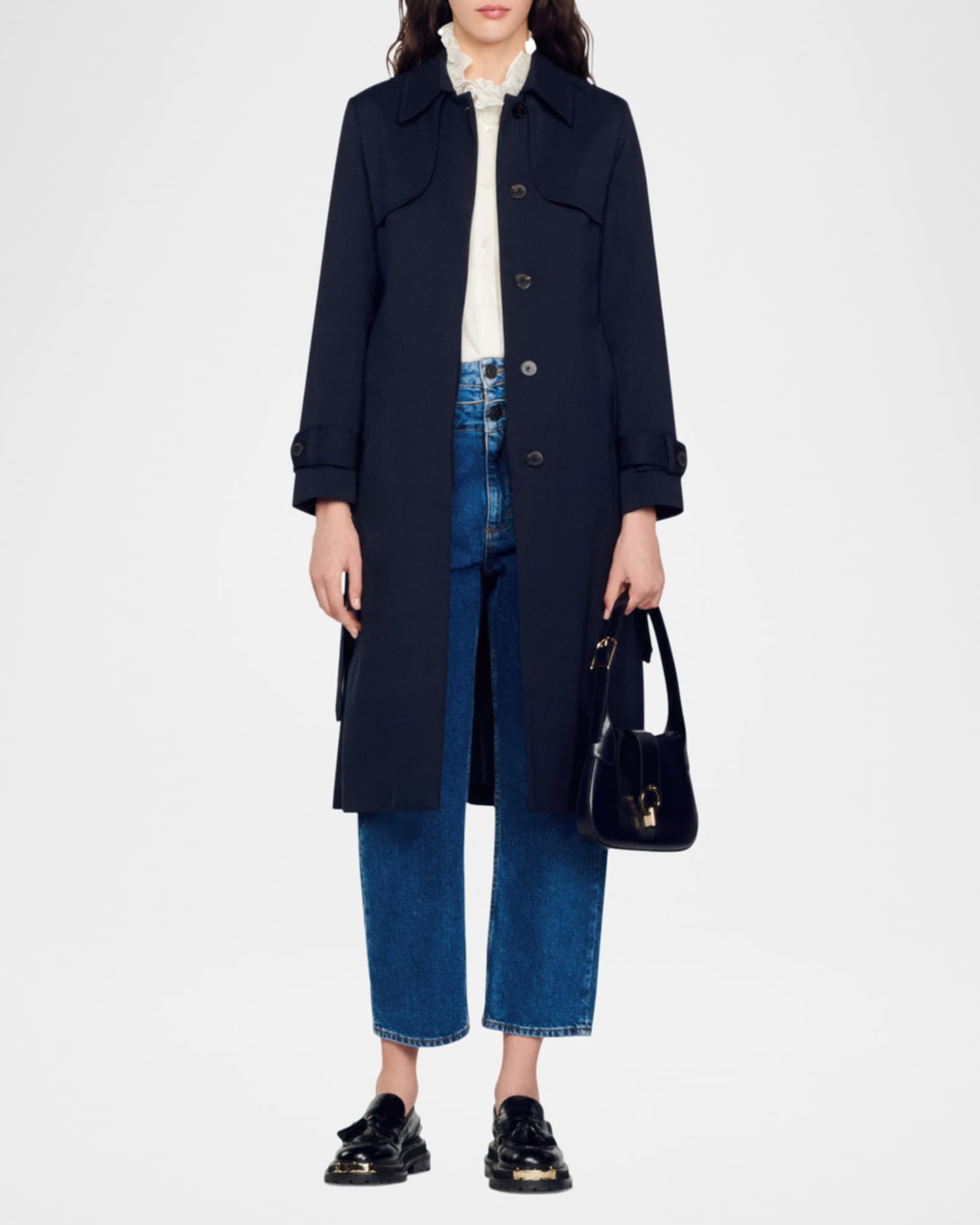 Sandro Navy Pleated-Back Belted Trench Coat | Neiman Marcus