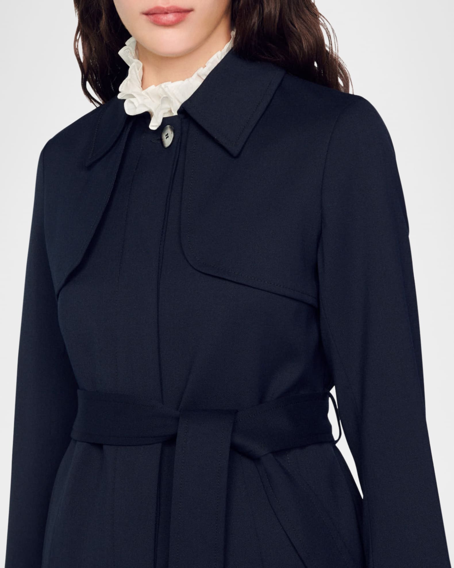 Sandro Navy Pleated-Back Belted Trench Coat | Neiman Marcus