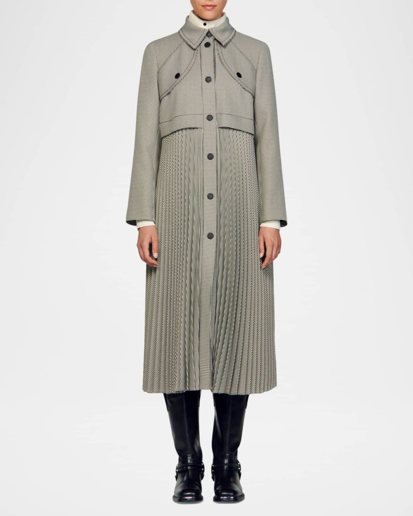 Sandro Mathilda Pleated Houndstooth Trench Coat | Neiman Marcus