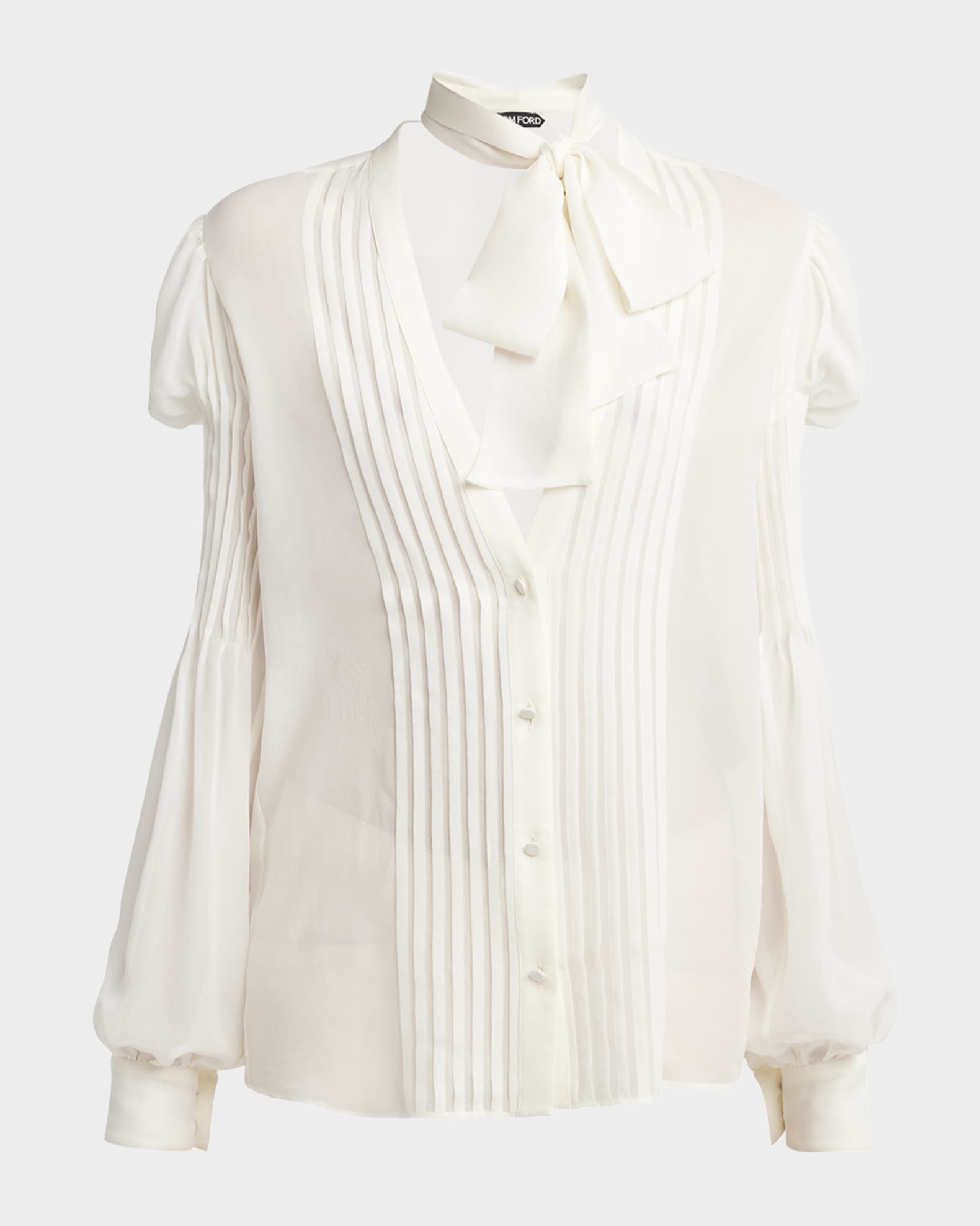 Semi-Sheer Silk Blouse with Tie Neck 0