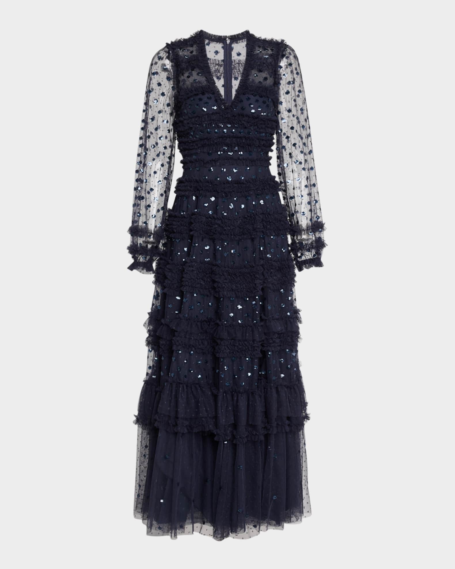 Vivian Tiered Ruffle-Trim Sequin Ankle Gown 0