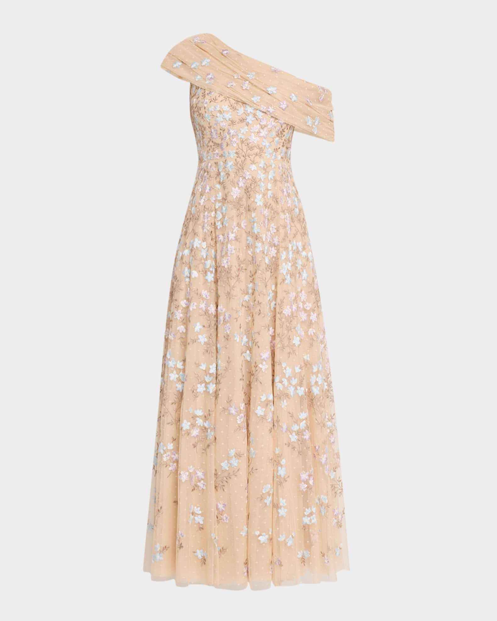 Everett Bloom One-Shoulder Embroidered Gown 0