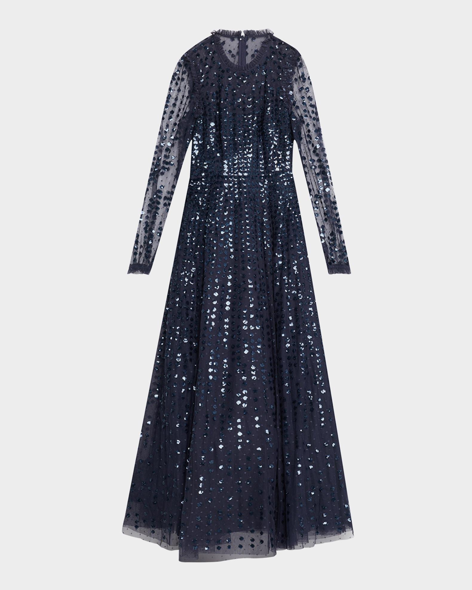 Needle & Thread Raindrop Sheer-Sleeve Sequin Ankle Gown | Neiman Marcus
