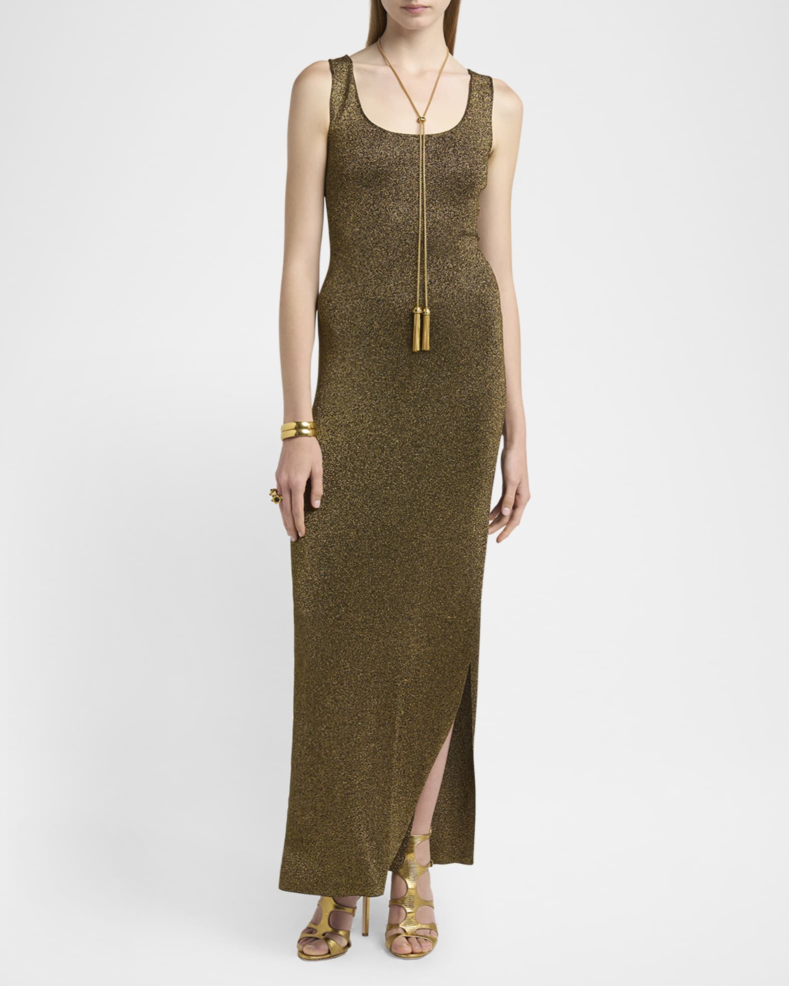 Metallic Knit Open-Back Slit Maxi Dress 1