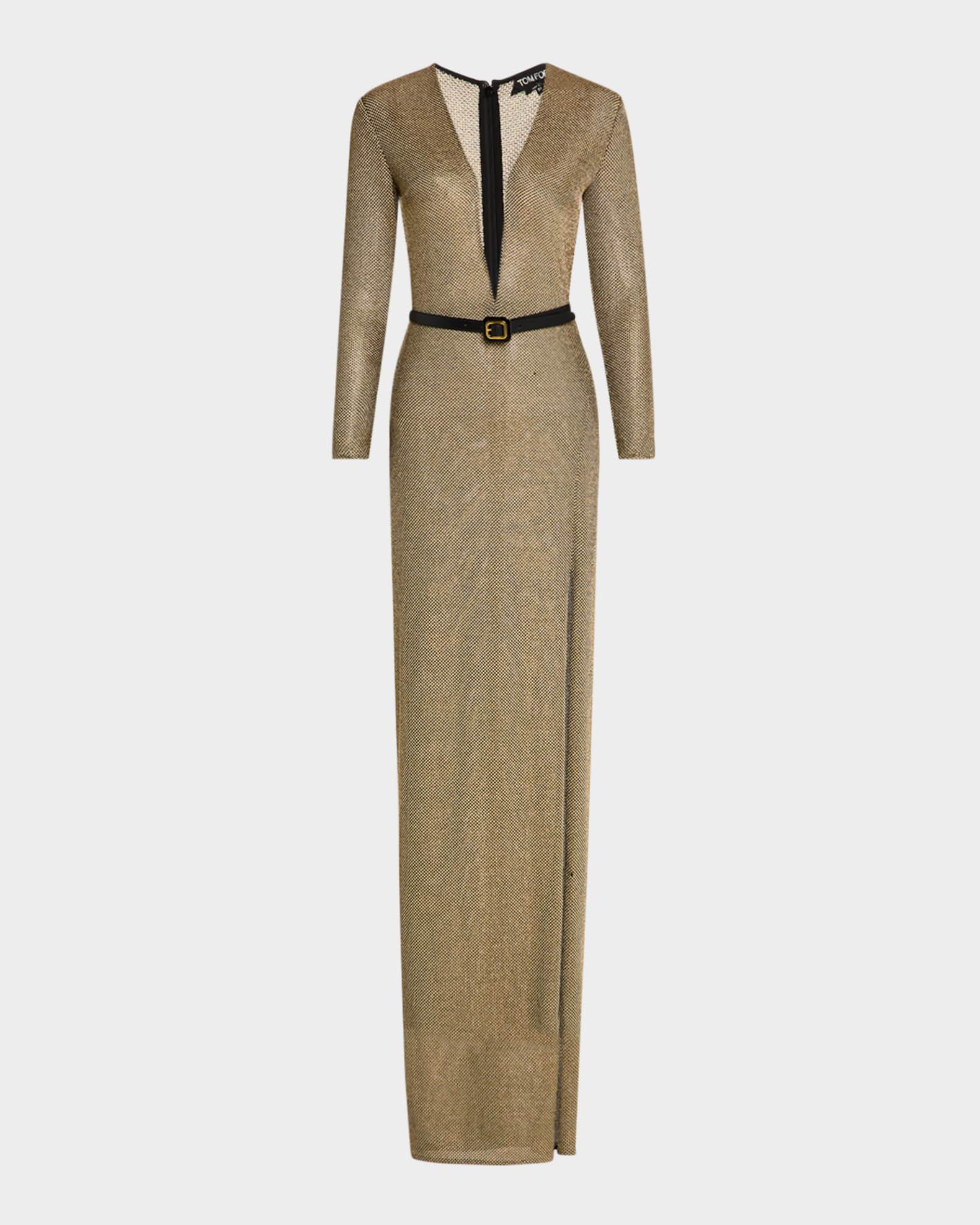 Plunging Long-Sleeve Metallic Knit Slit Gown 0