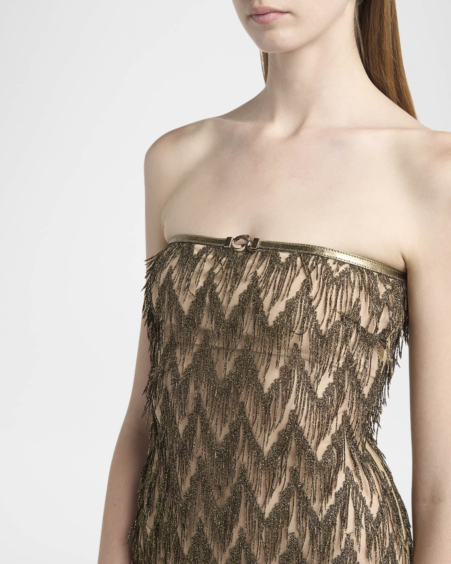 Metallic Fringe Sheer Strapless Slit Gown
