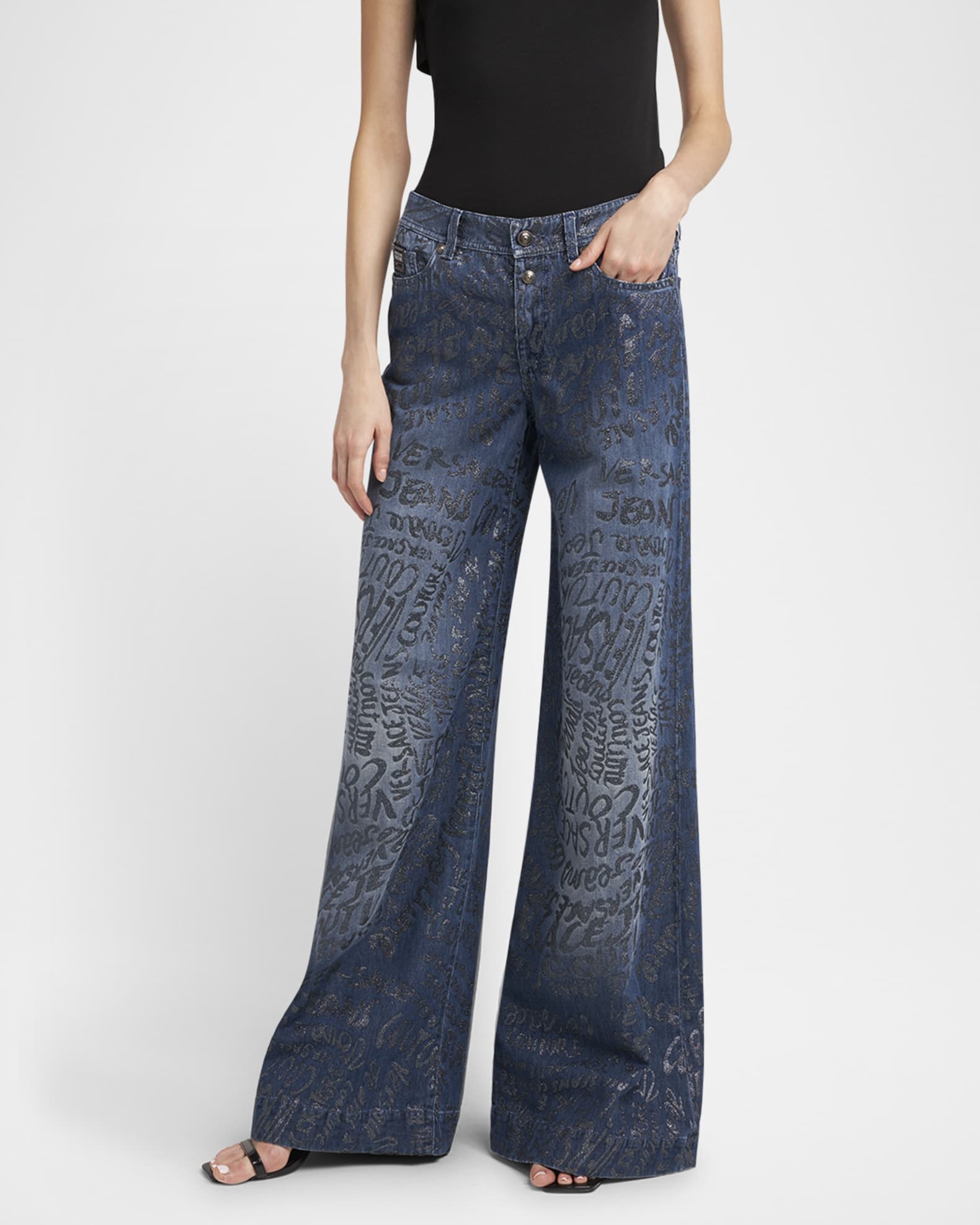 Versace Jeans Couture Wide-Leg Glitter Logo Jeans | Neiman