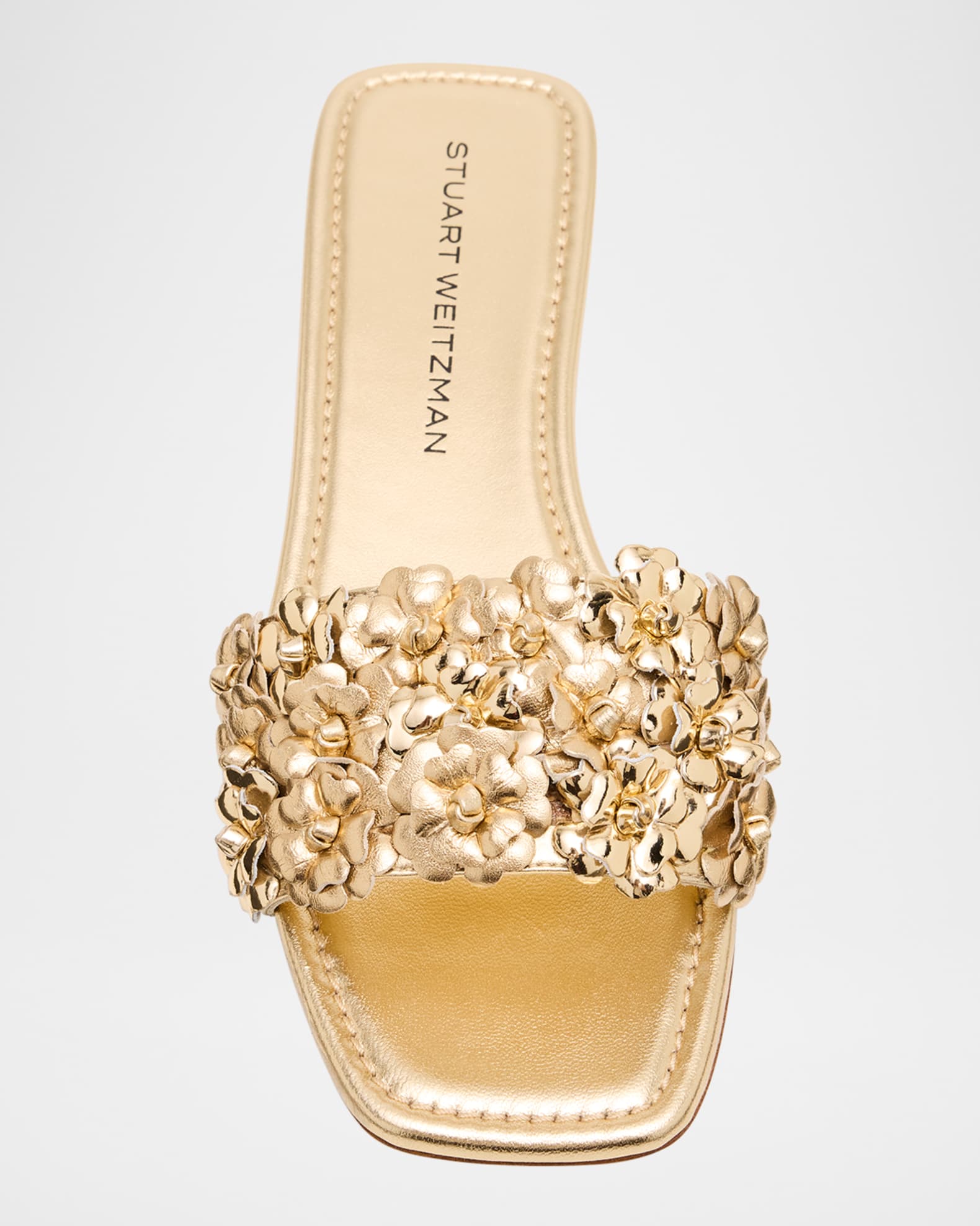 Stuart Weitzman Meadow Metallic Leather Flower Slides