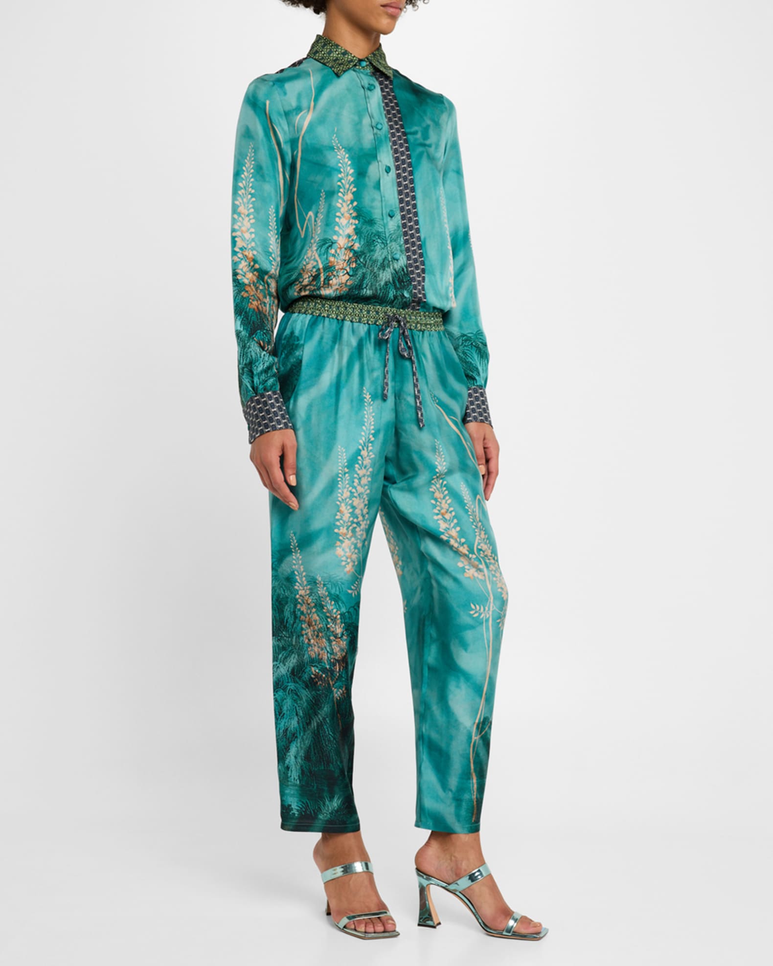Cropped Floral-Print Silk Pants 1