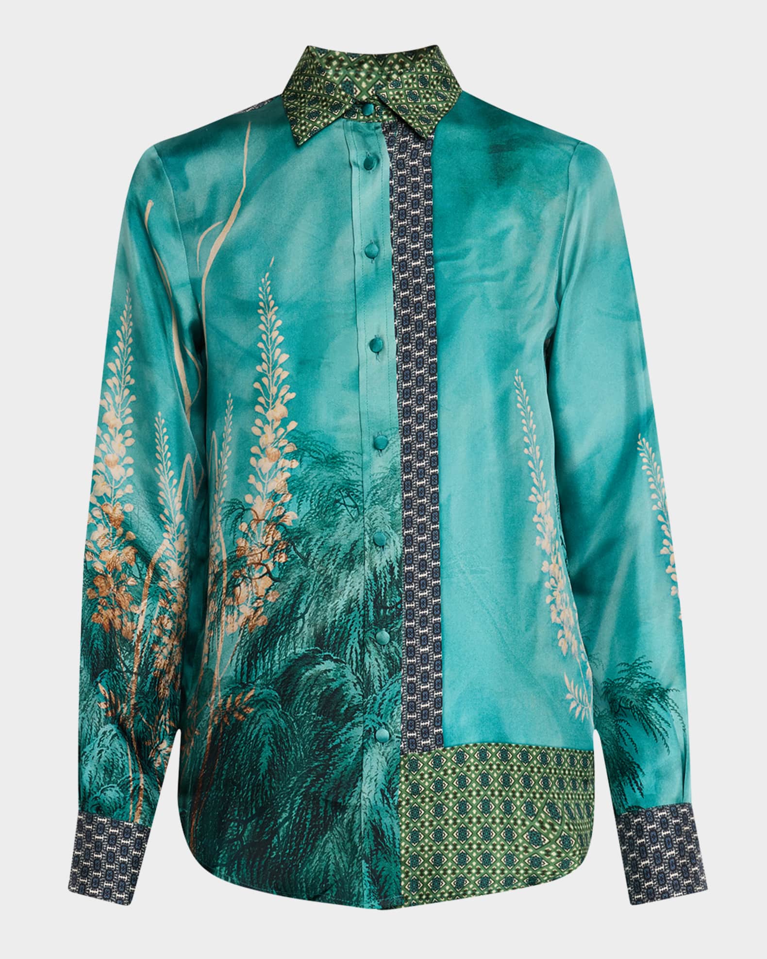 Floral & Geometric-Print Silk Shirt 0