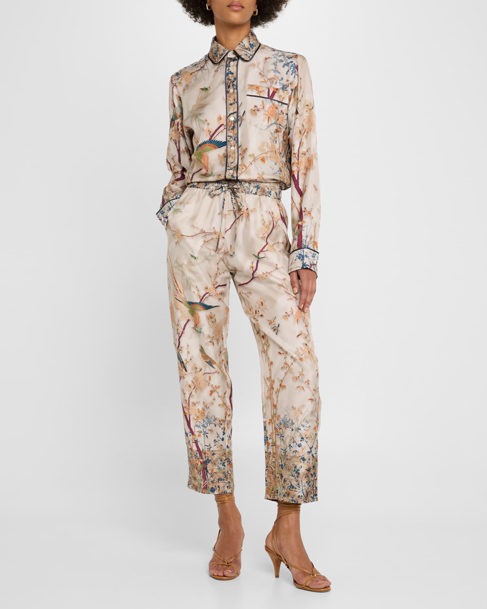 Cropped Floral & Bird-Print Silk Pants 1