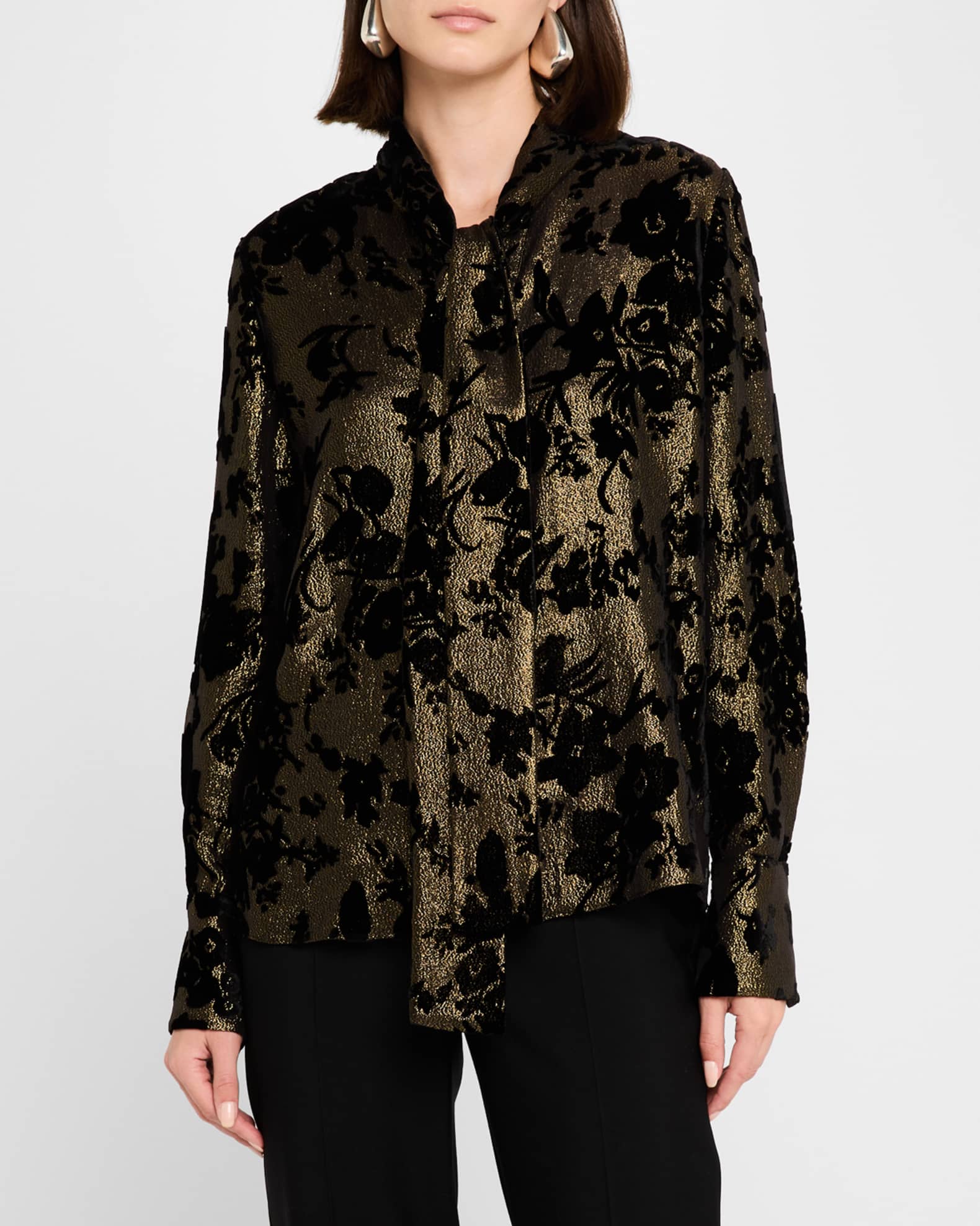 Ungaro Tie-Neck Metallic Floral Jacquard Blouse | Neiman Marcus