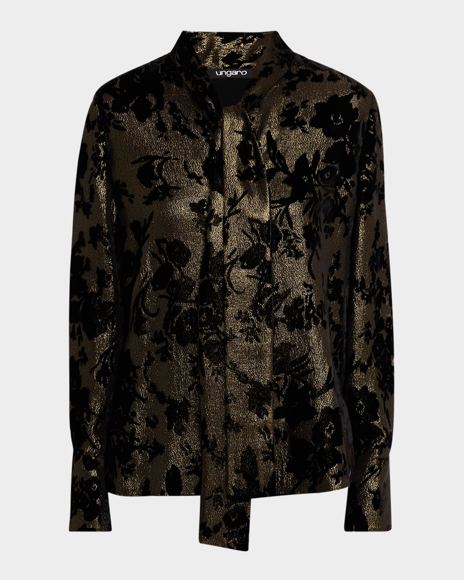 Ungaro Tie-Neck Metallic Floral Jacquard Blouse | Neiman Marcus