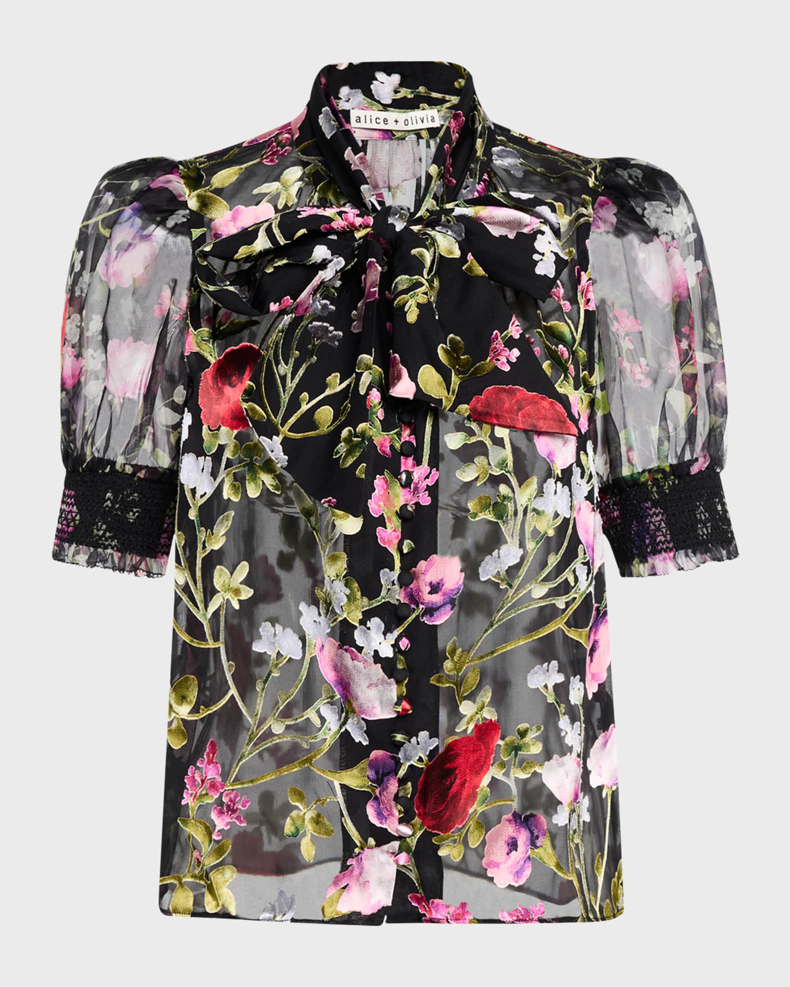 Brentley Tie-Neck Puff-Sleeve Blouse 0