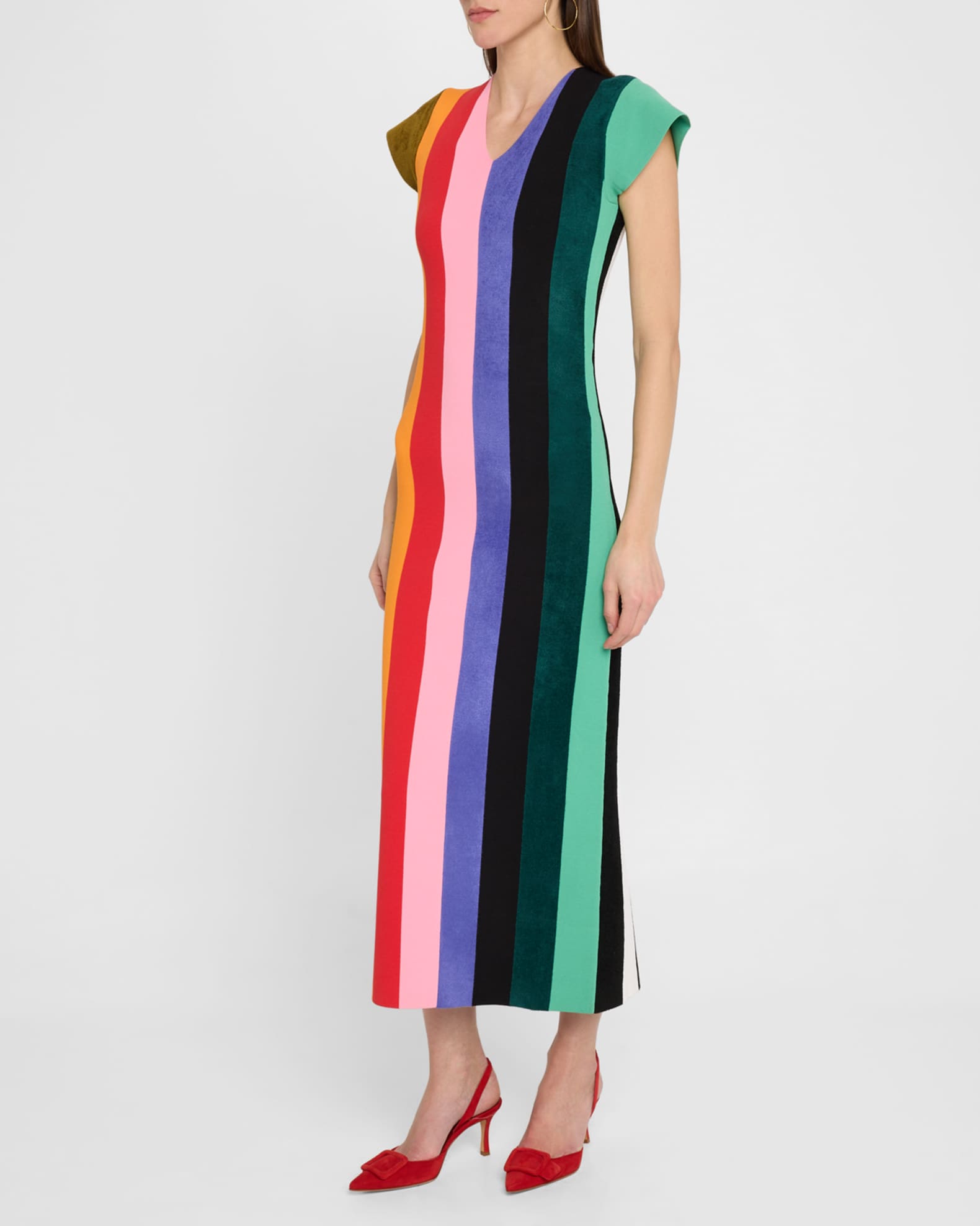 CHRISTOPHER JOHN ROGERS Striped Knit Cap-Sleeve Maxi Dress