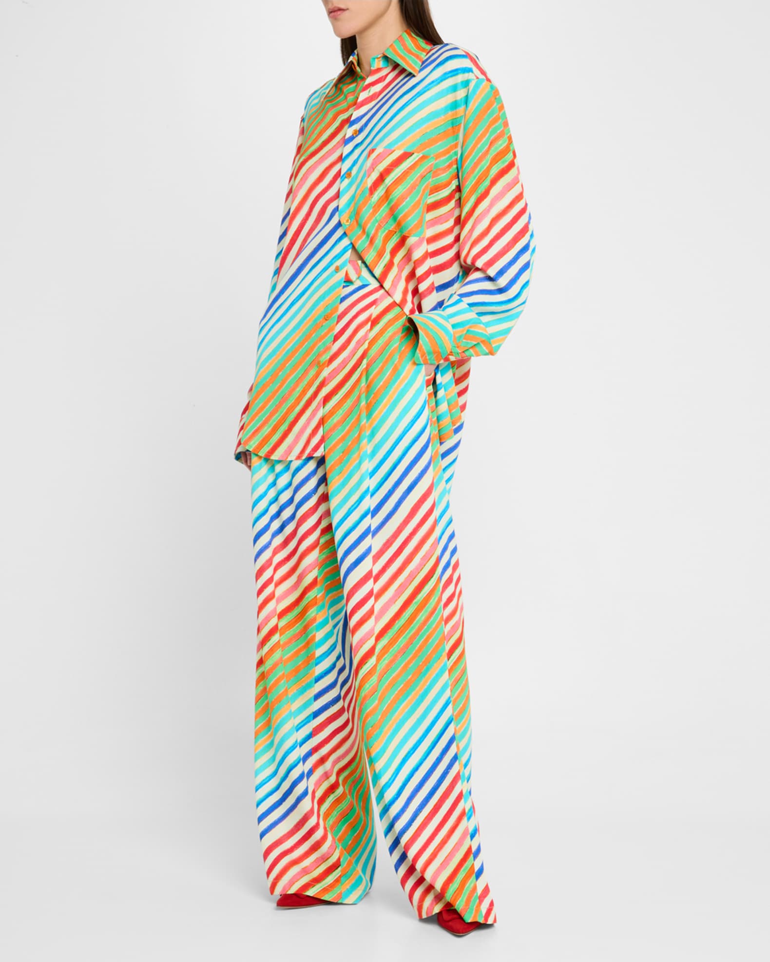 Striped Pleated Wide-Leg Bias Trousers 1