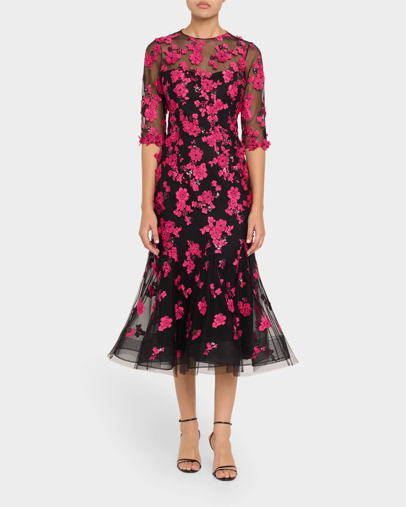 Beaded Floral-Embroidered Trumpet Midi Dress 1
