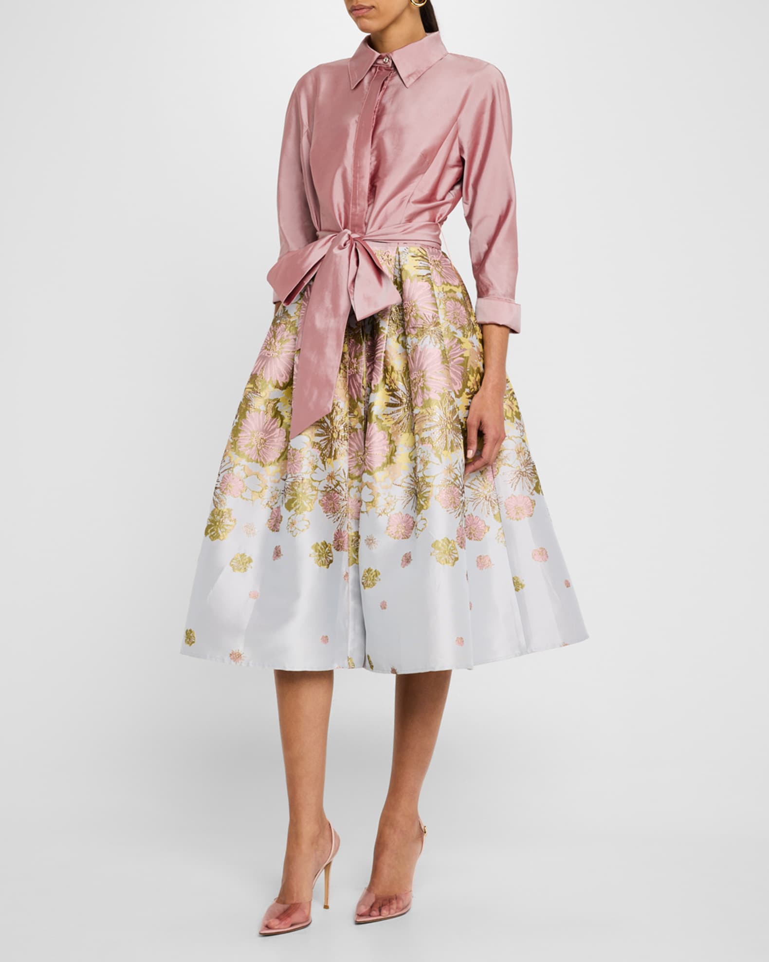 Pleated Floral Jacquard Midi Shirtdress 1