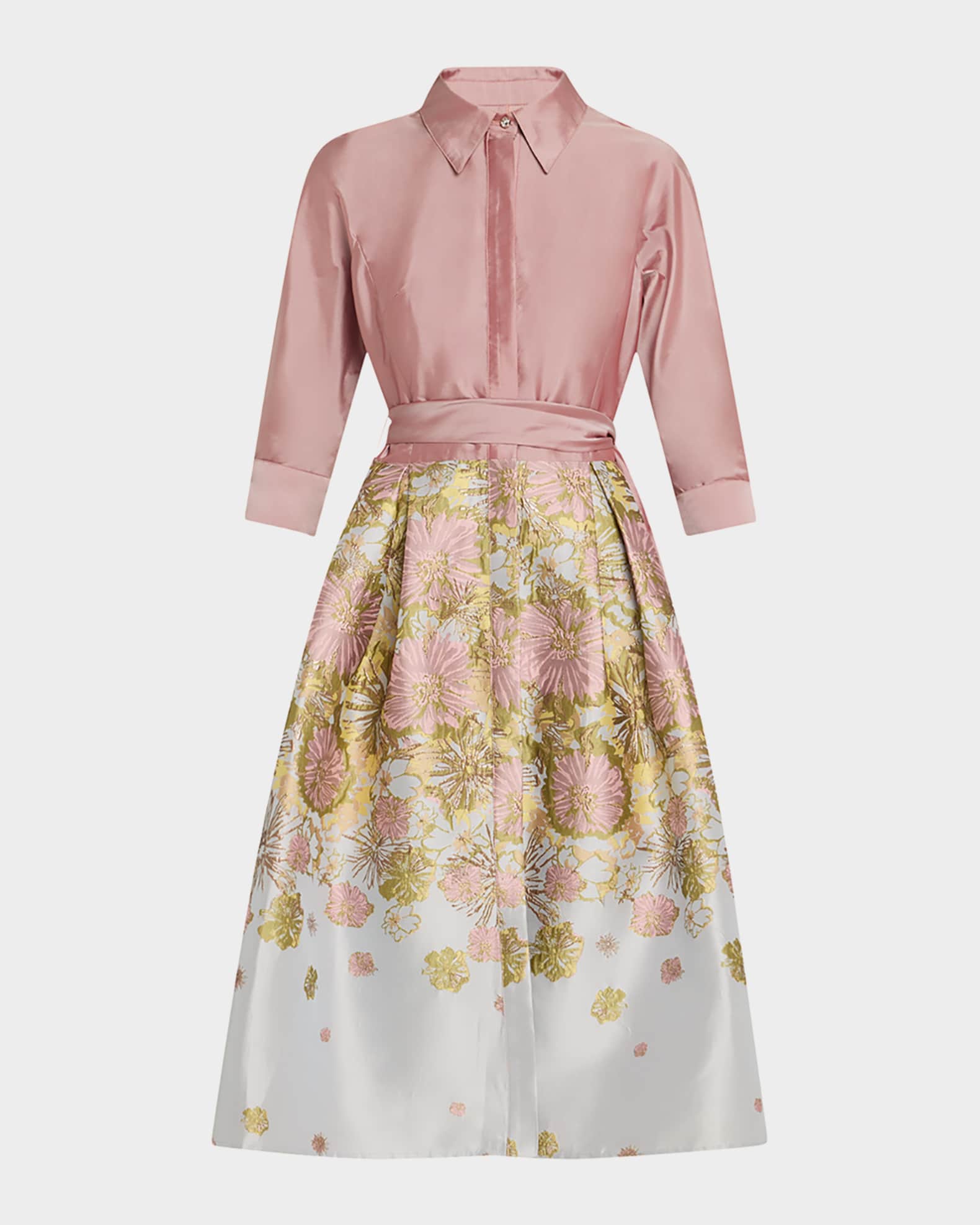 Pleated Floral Jacquard Midi Shirtdress 0