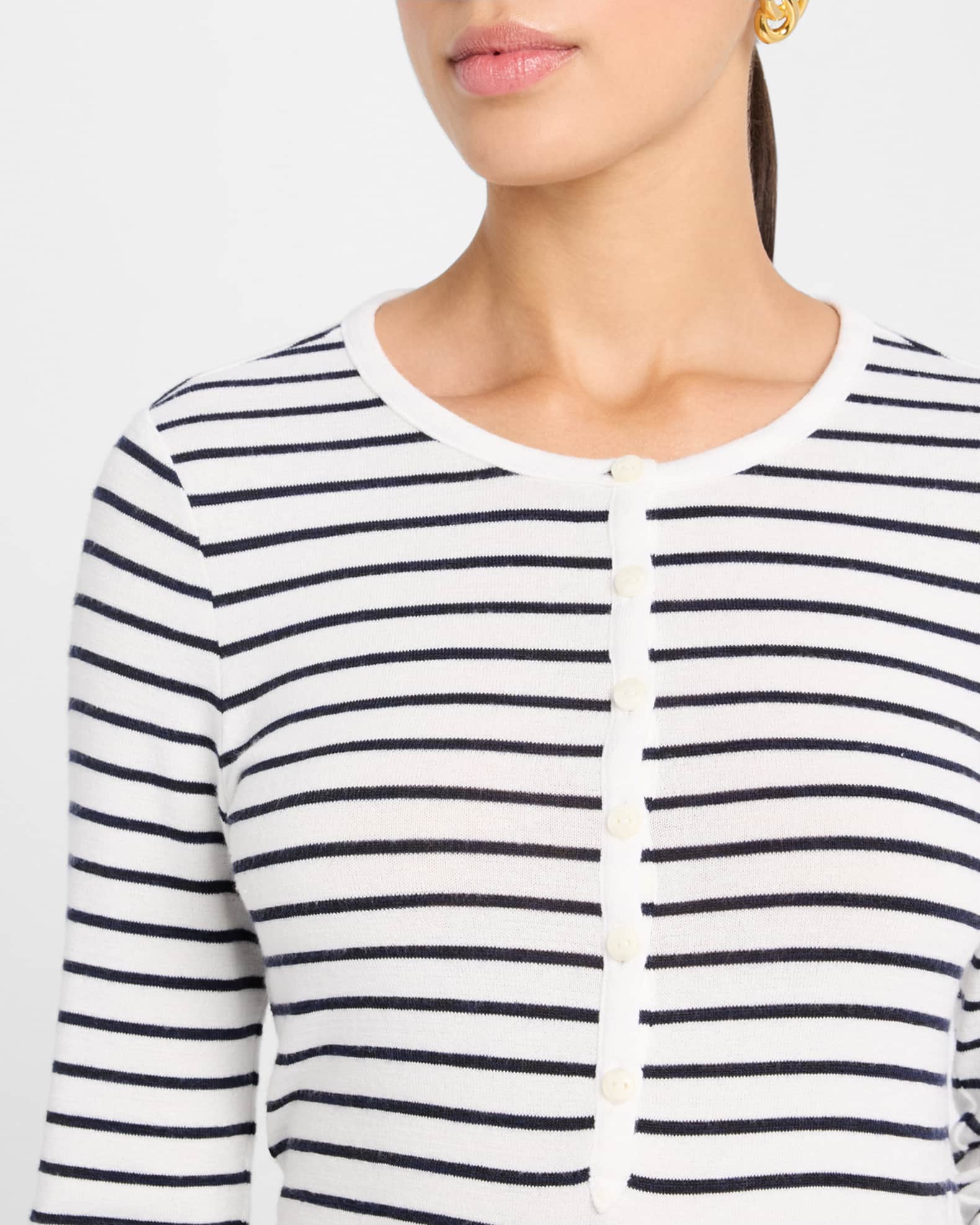 Stripe Knit Henley Top with Lace Trim