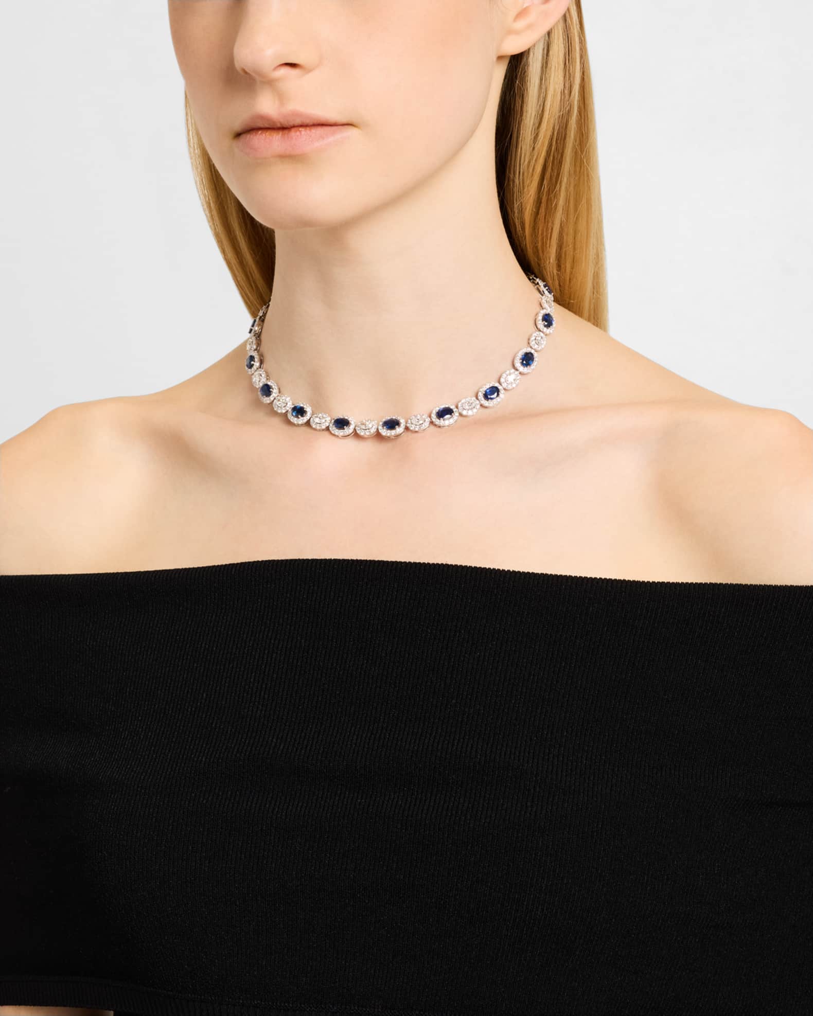 18K White Gold Sapphire and Diamond Classic Tennis Necklace, 16"L 1
