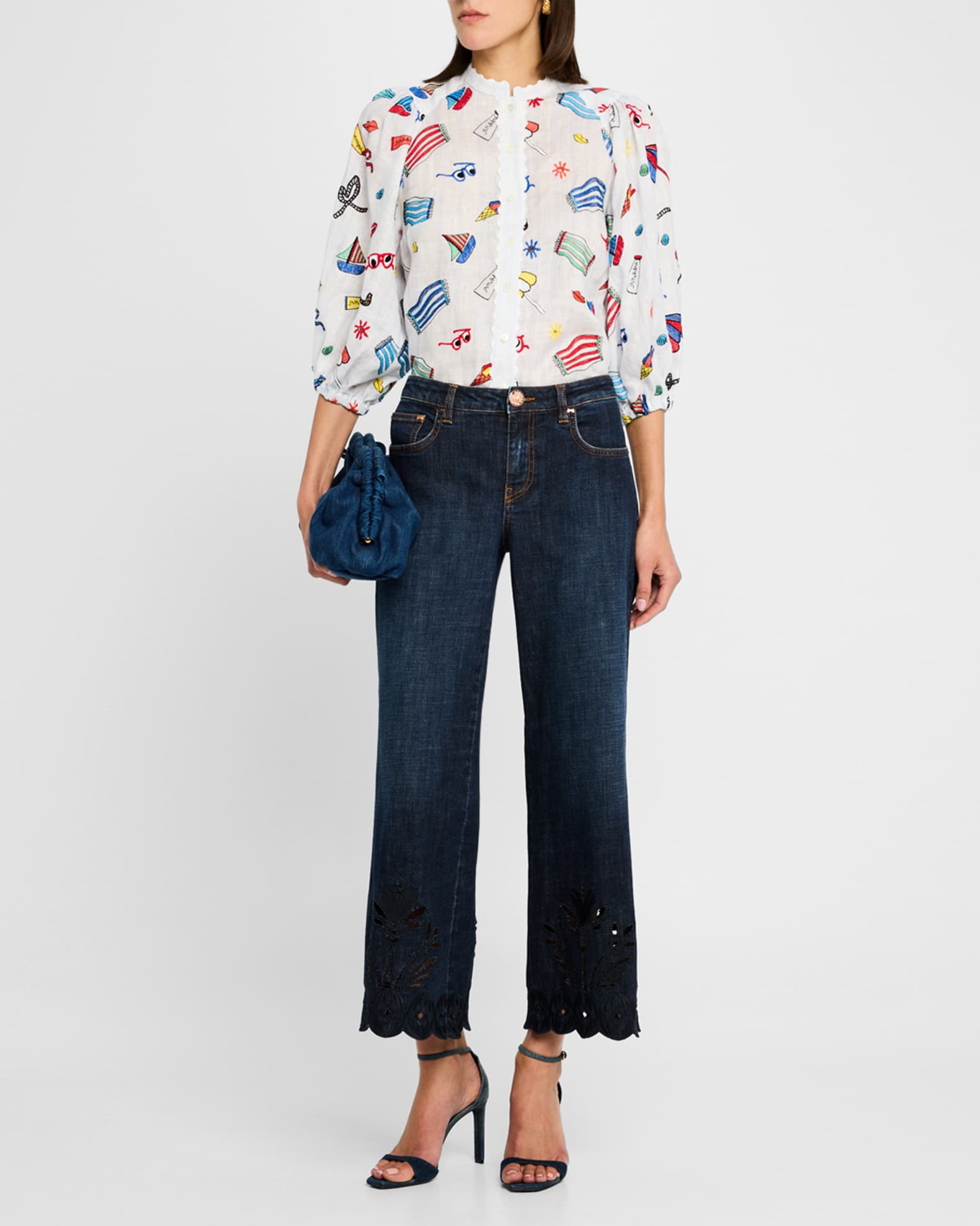 Nautical Embroidered Linen Button-Down Blouse 1