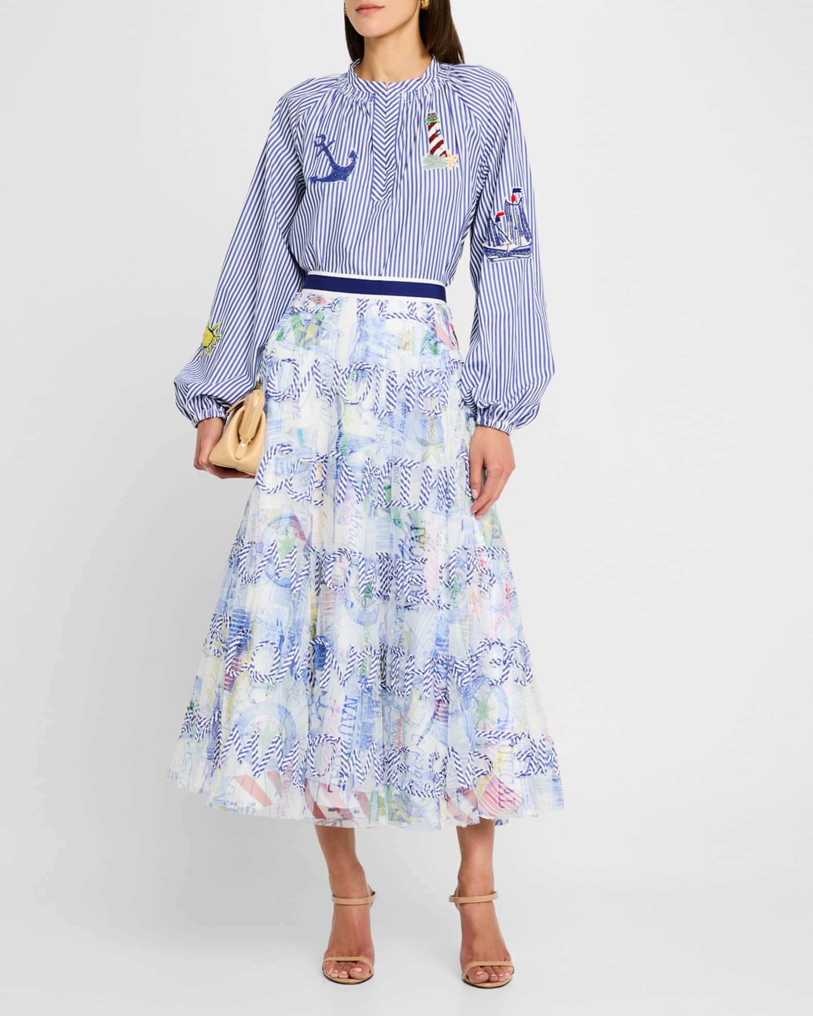 Script-Embroidered Nautical Tulle Midi Skirt 1