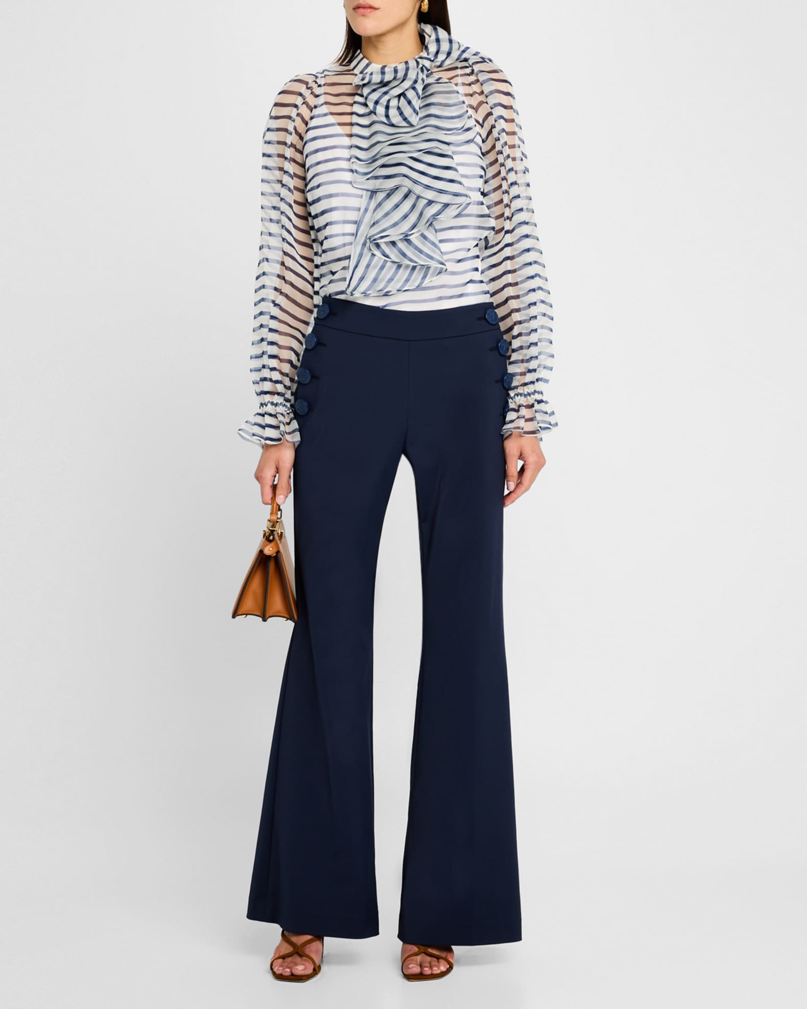 Bow-Neck Ruffle Striped Organza Blouse With Tank 1