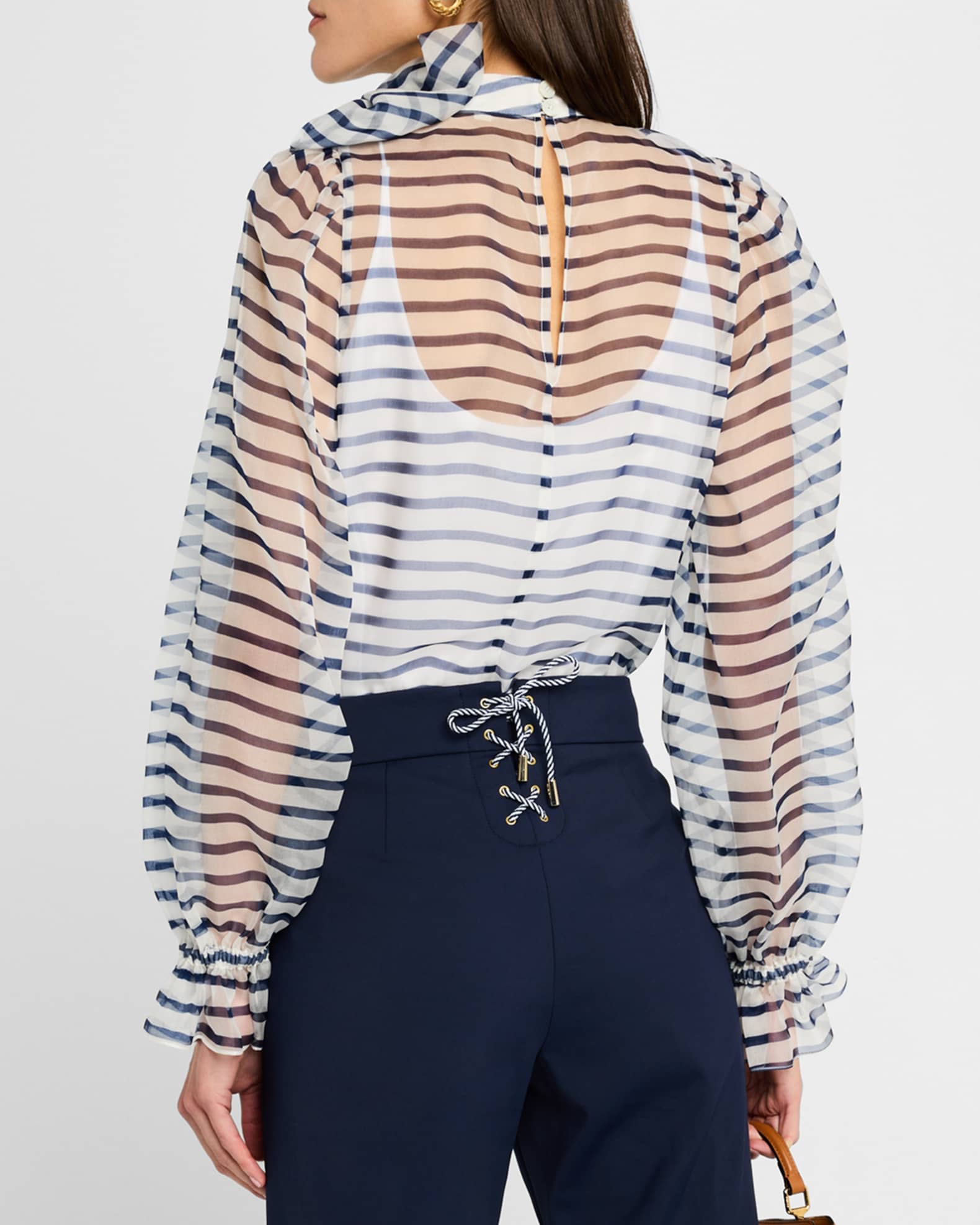Maison Common Bow-Neck Ruffle Striped Organza Blouse With