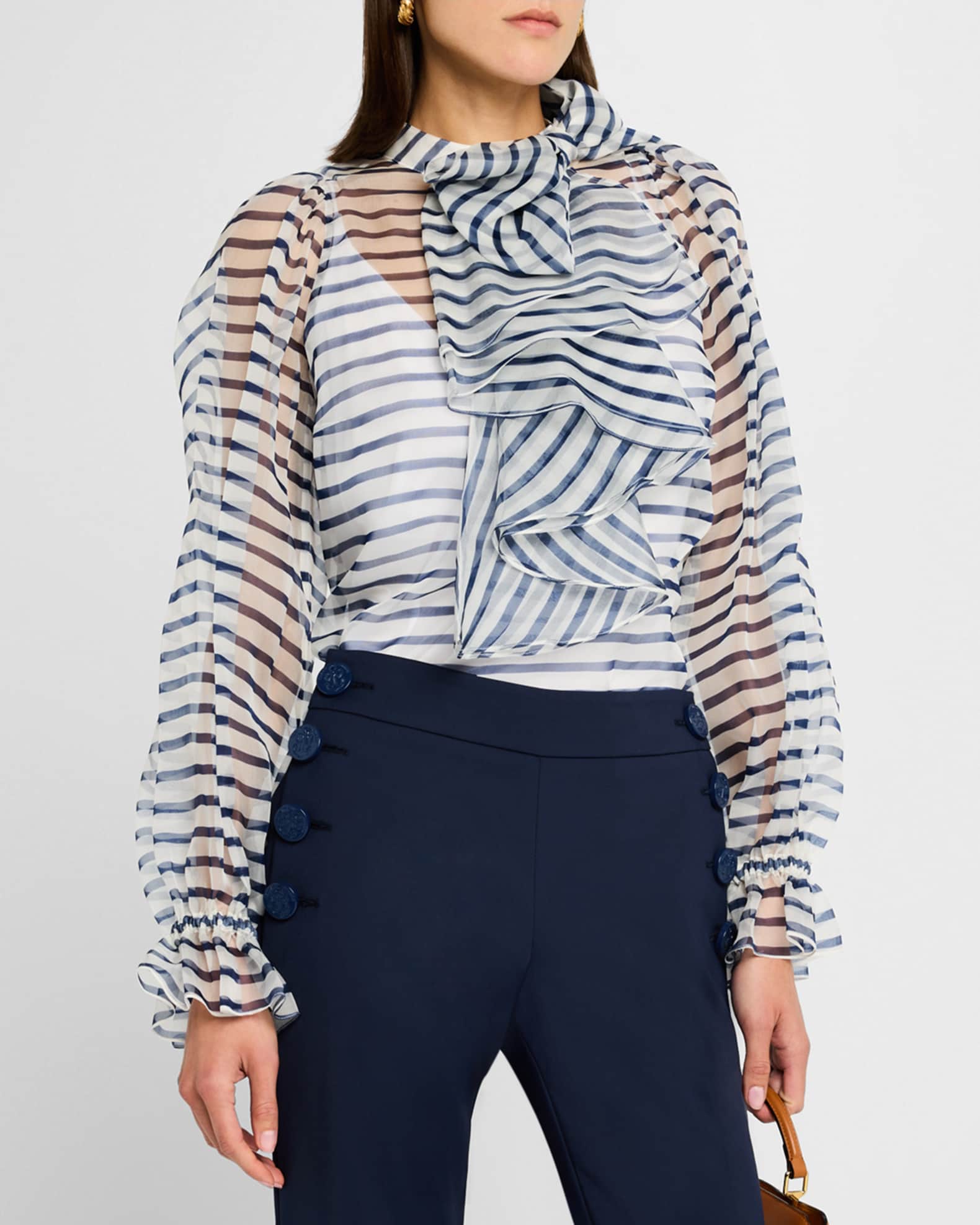 Maison Common Bow-Neck Ruffle Striped Organza Blouse With