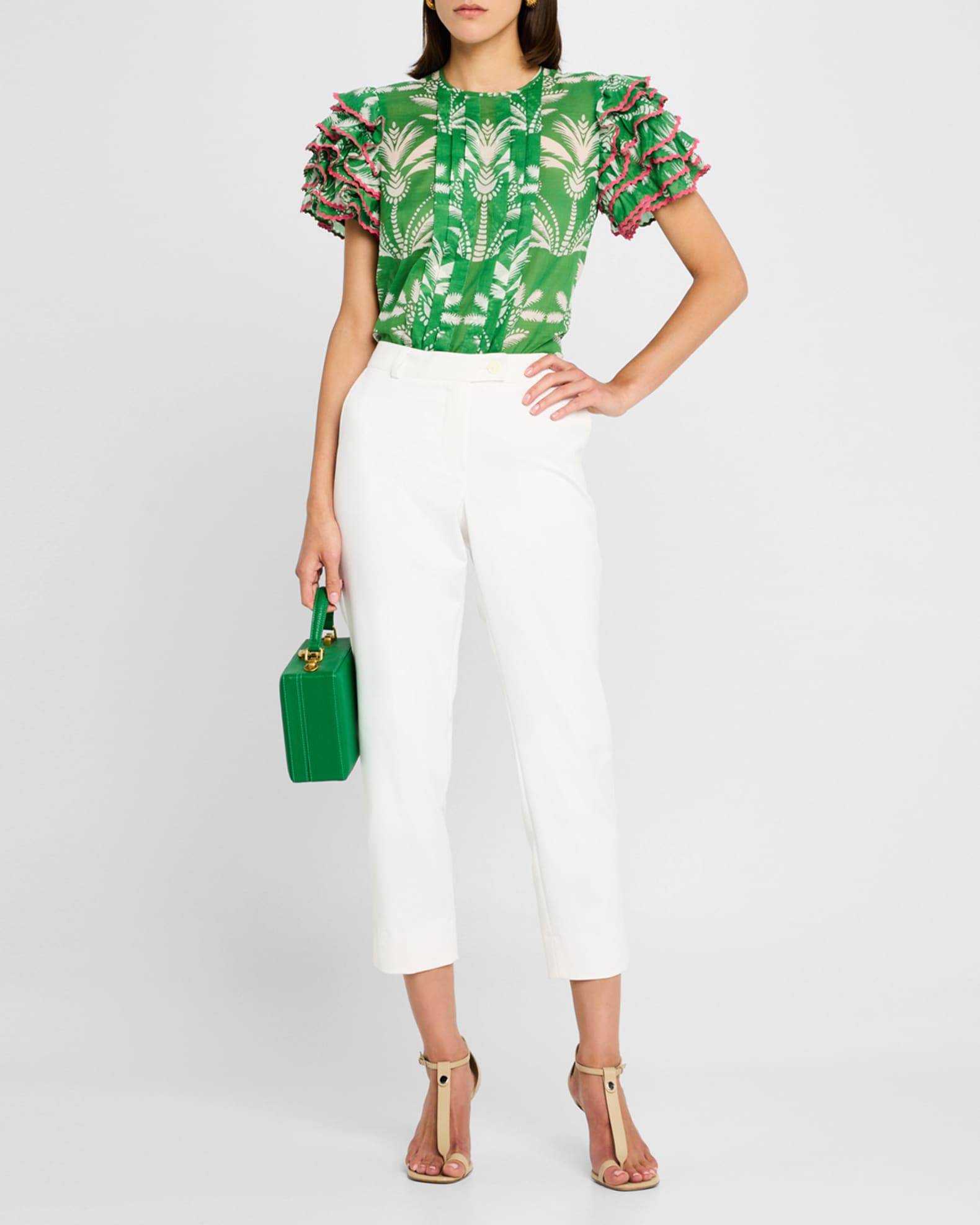 Palm-Print Cotton Voile Ruffle Short-Sleeve Blouse 1
