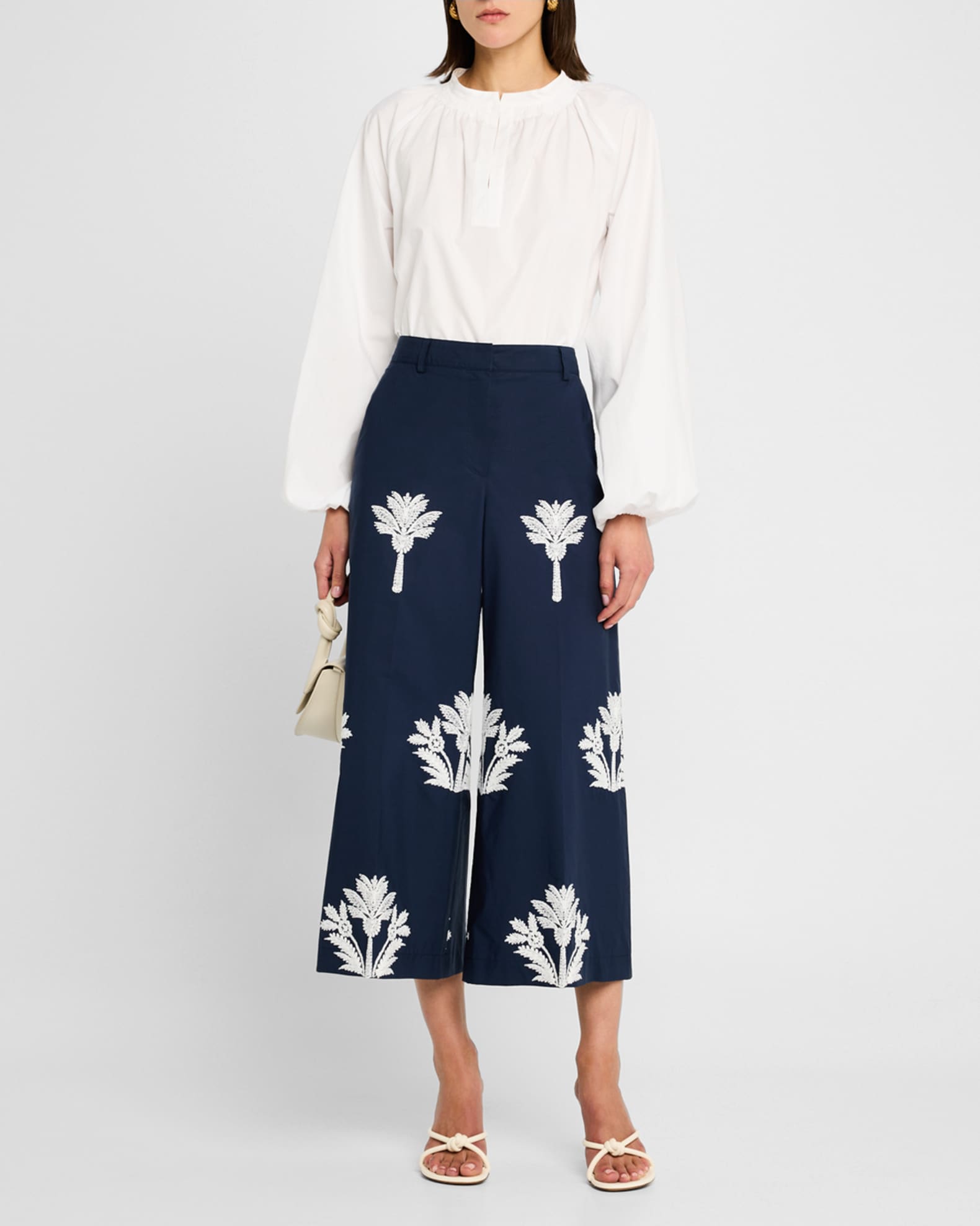 Palm-Embroidered Cotton Wide-Leg Crop Pants 1