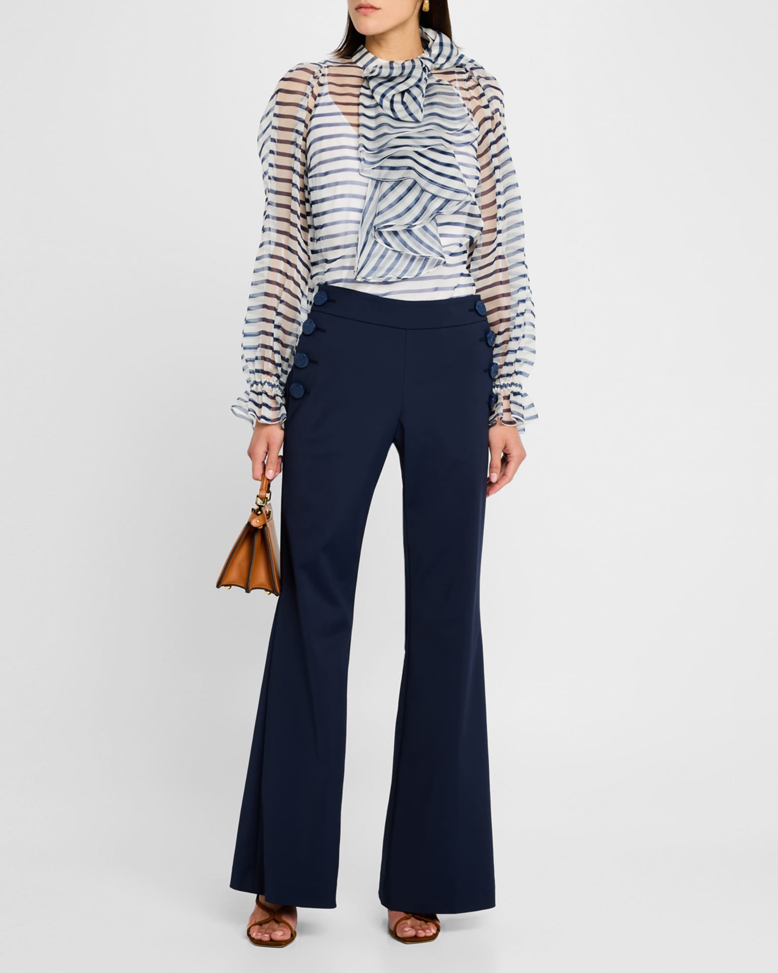Cotton-Stretch Flare Sailor Pants With Tie Back 1