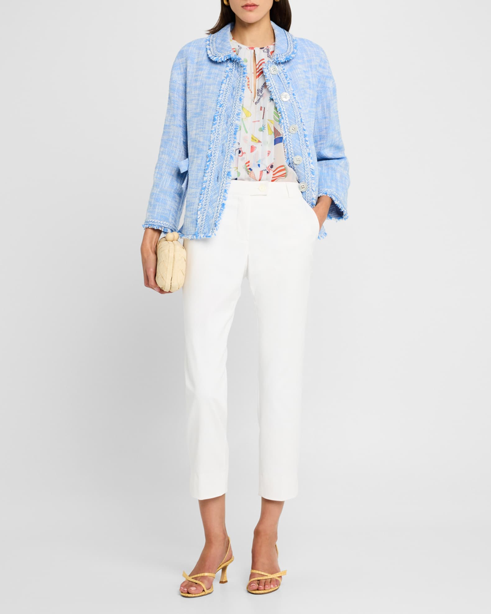 Nautical-Print Flutter Short-Sleeve Silk Blouse 1