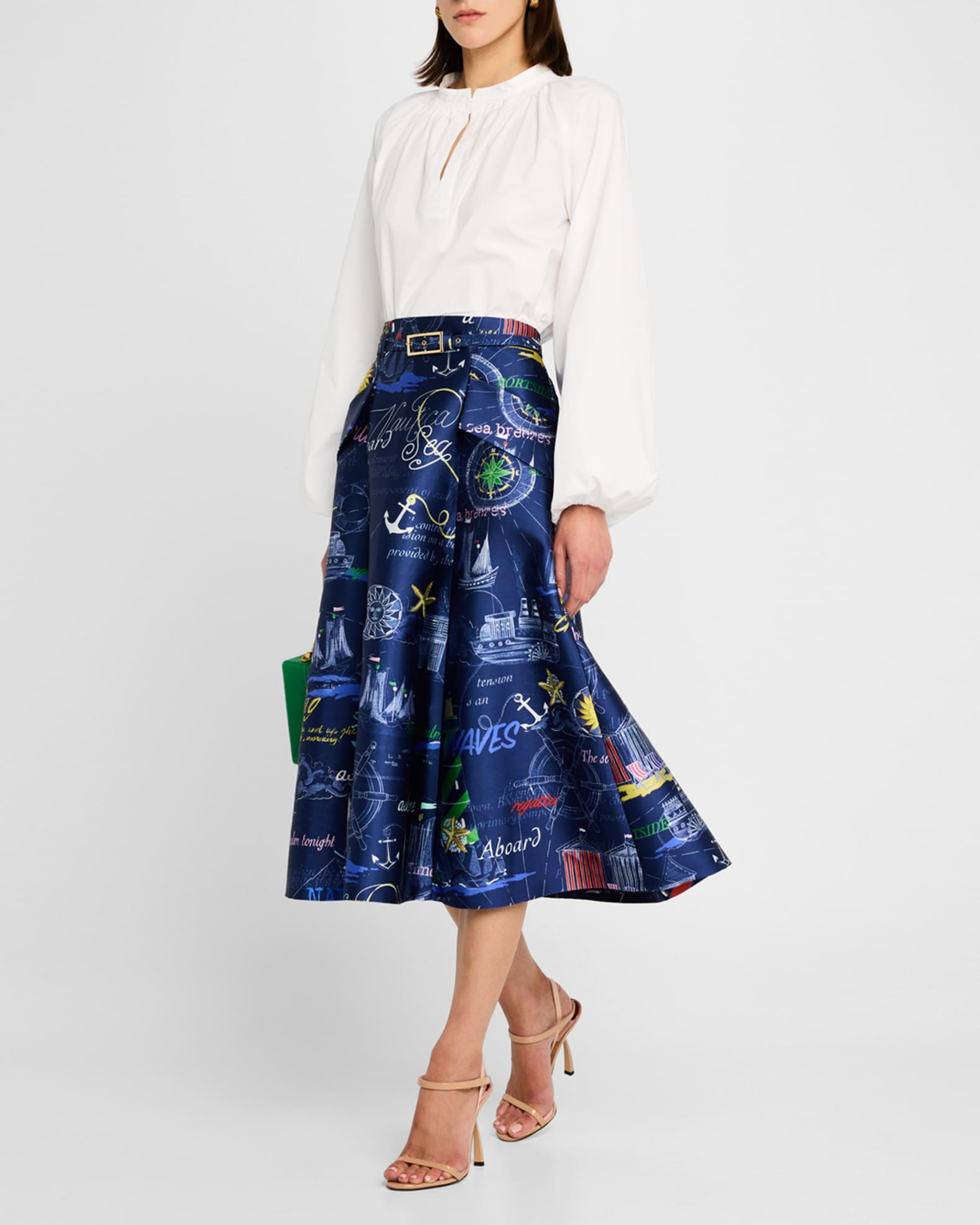 Nautical-Print Mikado Midi Skirt With Belt 1