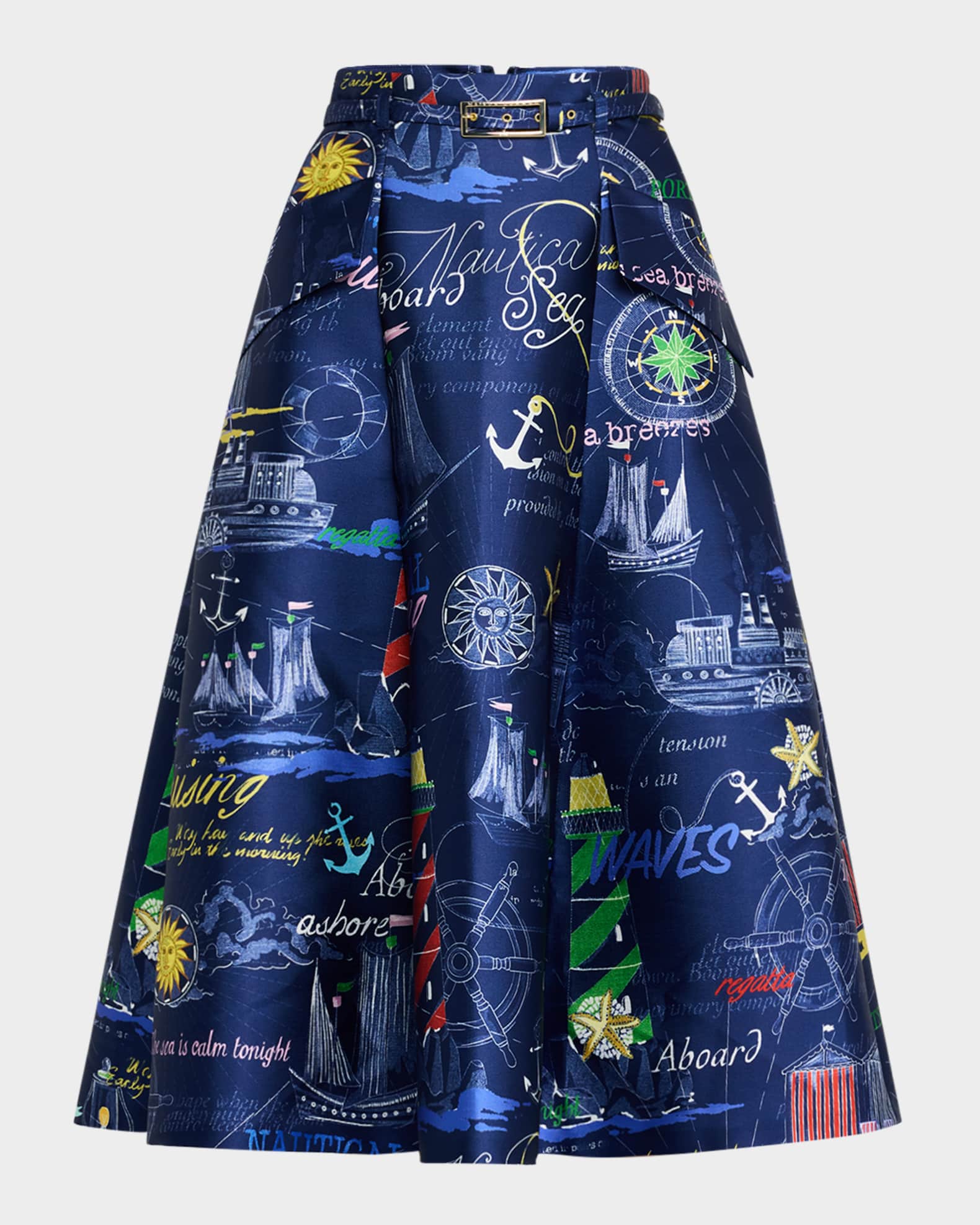 Nautical-Print Mikado Midi Skirt With Belt 0