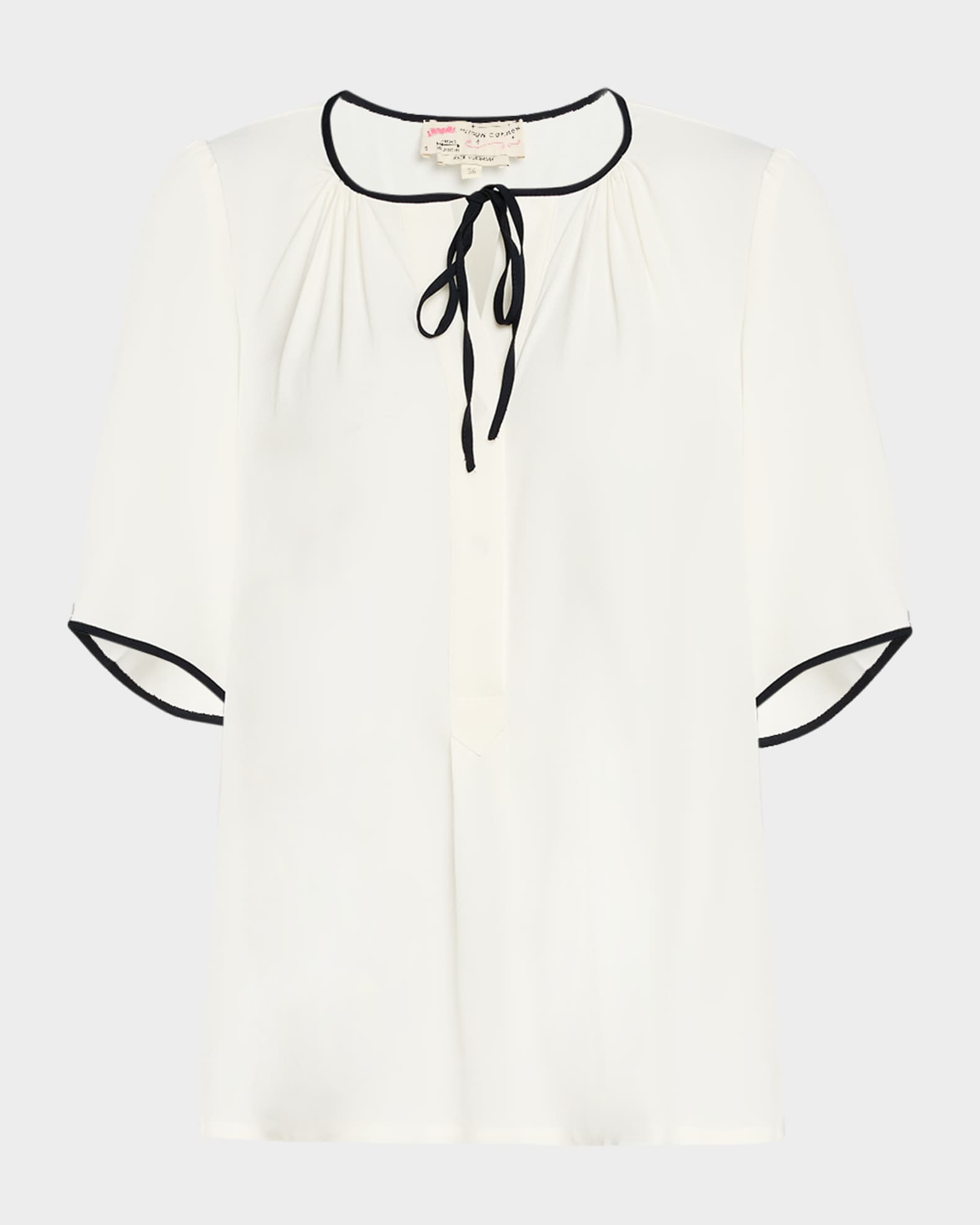 Tie-Front Short-Sleeve Silk Blouse 0