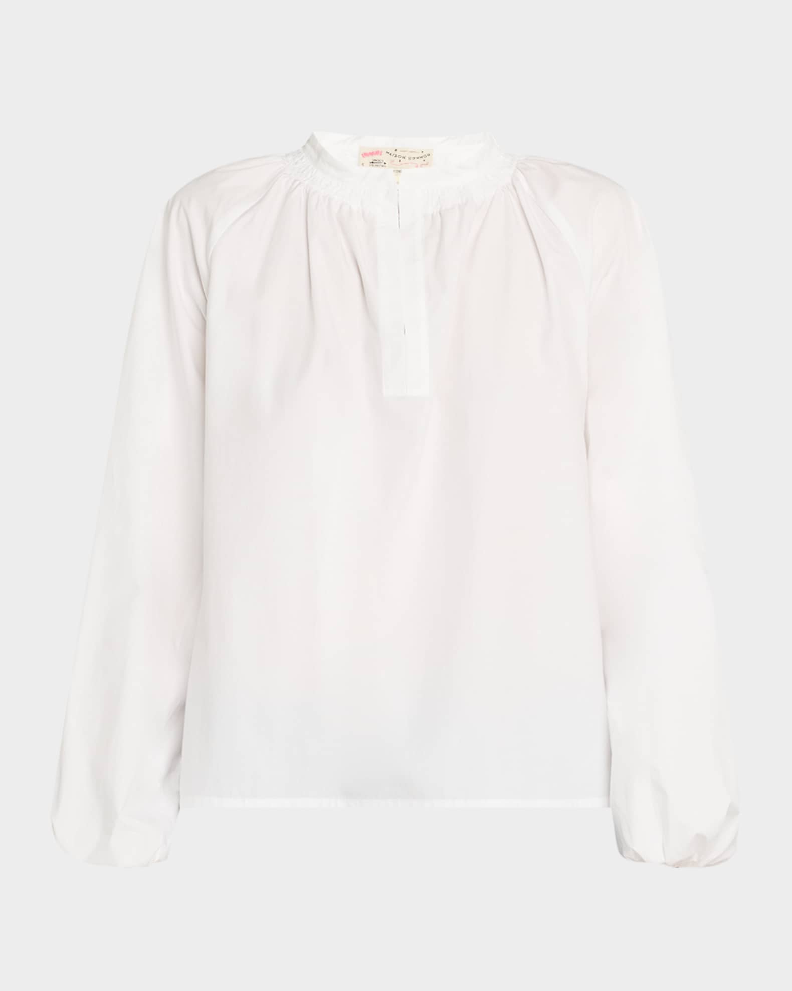 Ruched-Neck Long-Sleeve Cotton Blouse 0