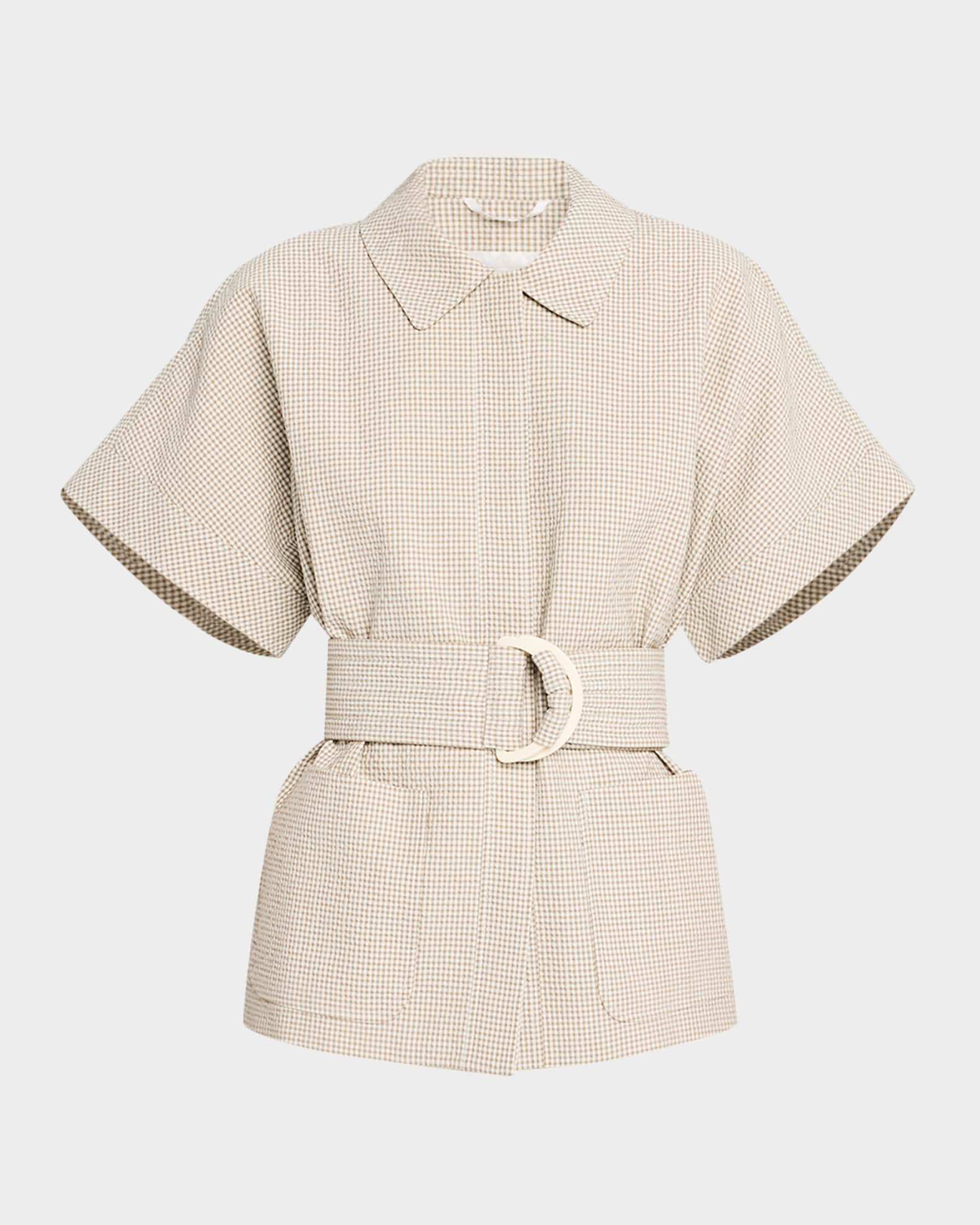 Gingham Seersucker Short-Sleeve Jacket With Belt 0