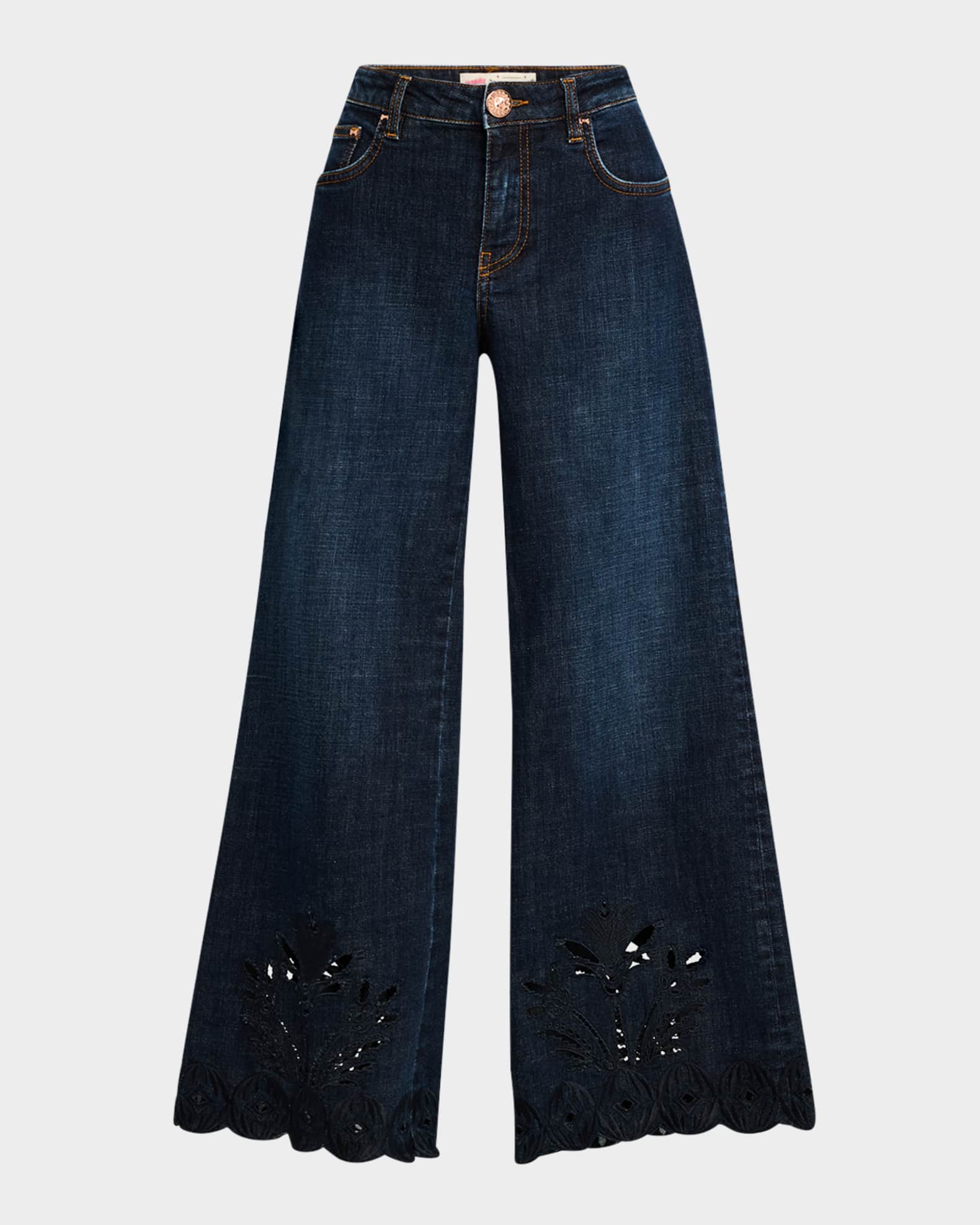 Eyelet Cutout Wide-Leg Ankle Jeans 0