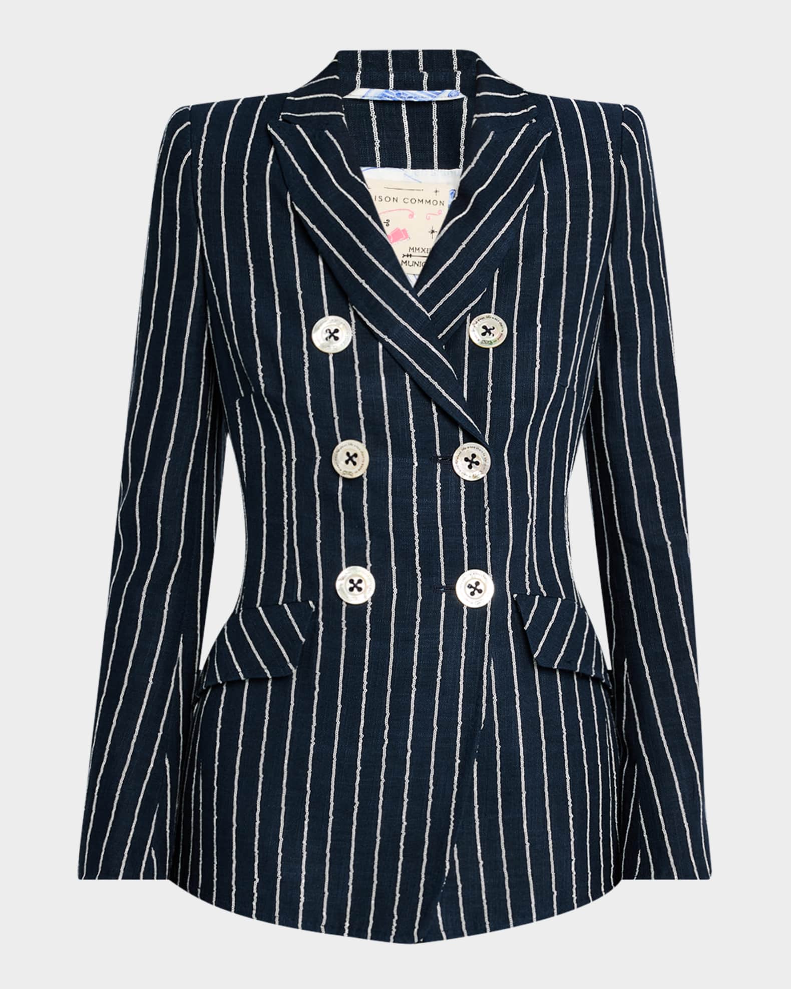 Chain Pinstriped Linen-Blend Double-Breasted Jacket 0