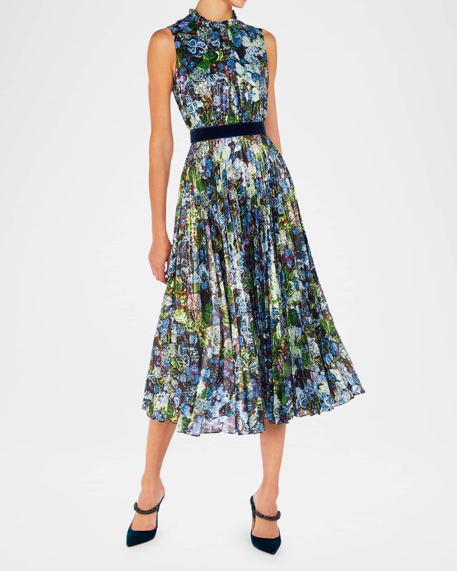 Hollie Clover Lapis-Print Pleated Lame Midi Dress 0