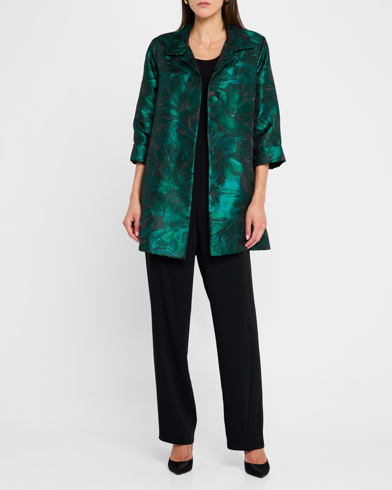 Caroline Rose Botanic Print Jacquard Open Front Jacket Emerald Black
