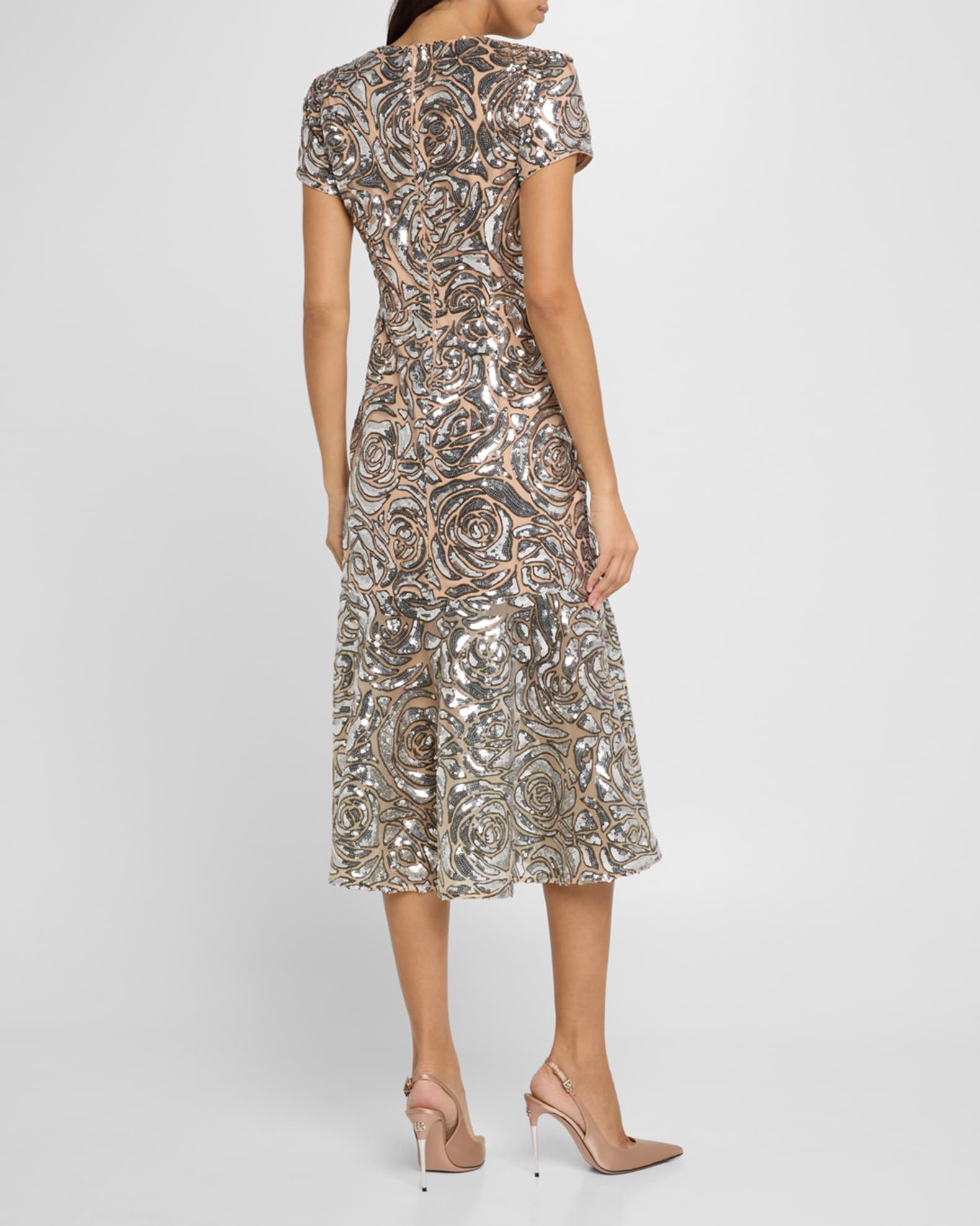 GUESS Women's Sequin Mesh Midi Dress With Flounced Hem - Cocktail Party Dress