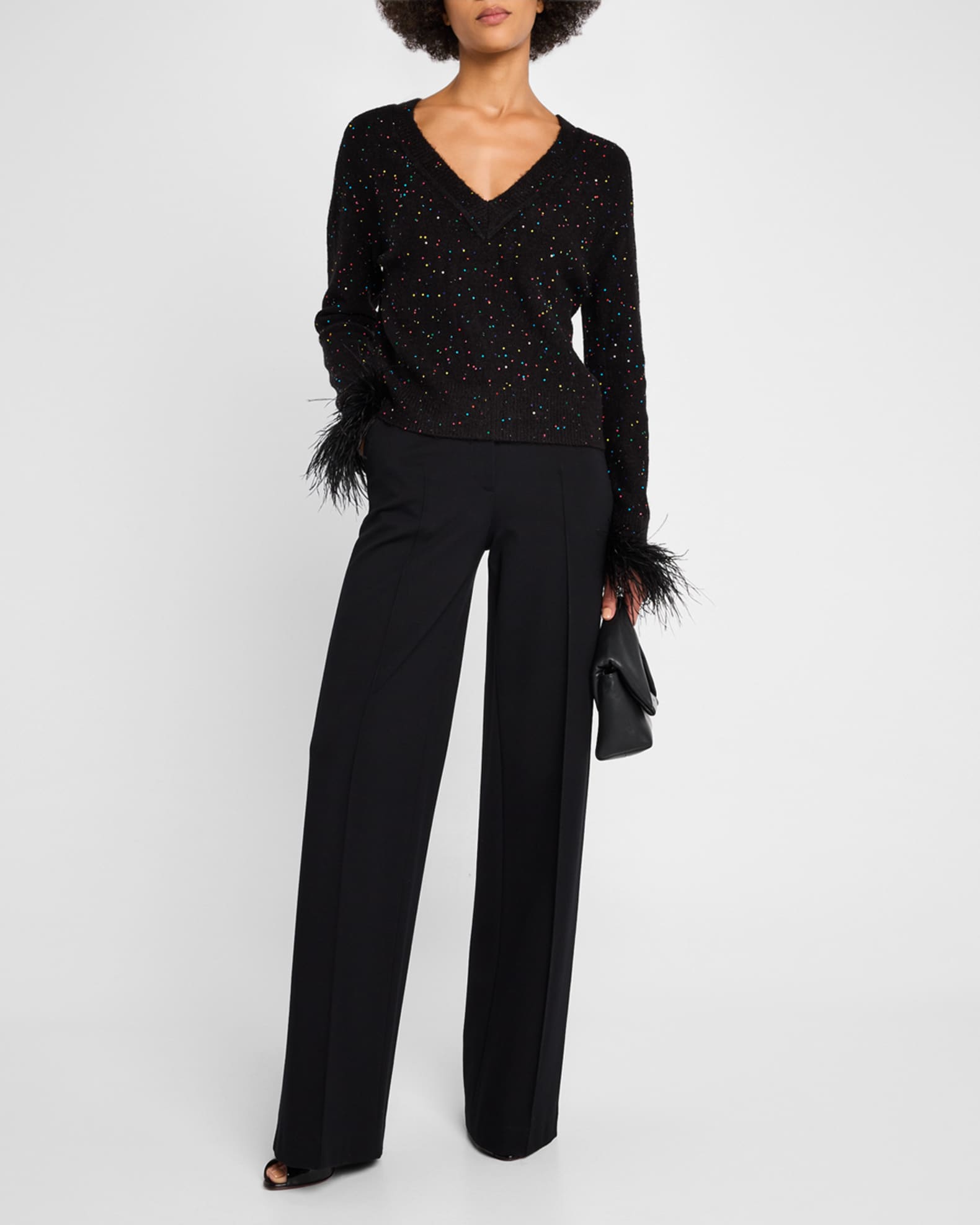 Feather-Cuff Sequined Knit Sweater 1