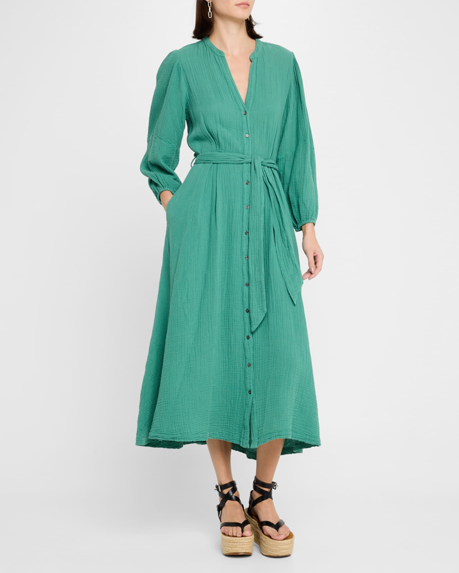 Selene Blouson-Sleeve Cotton Gauze Midi Dress 1