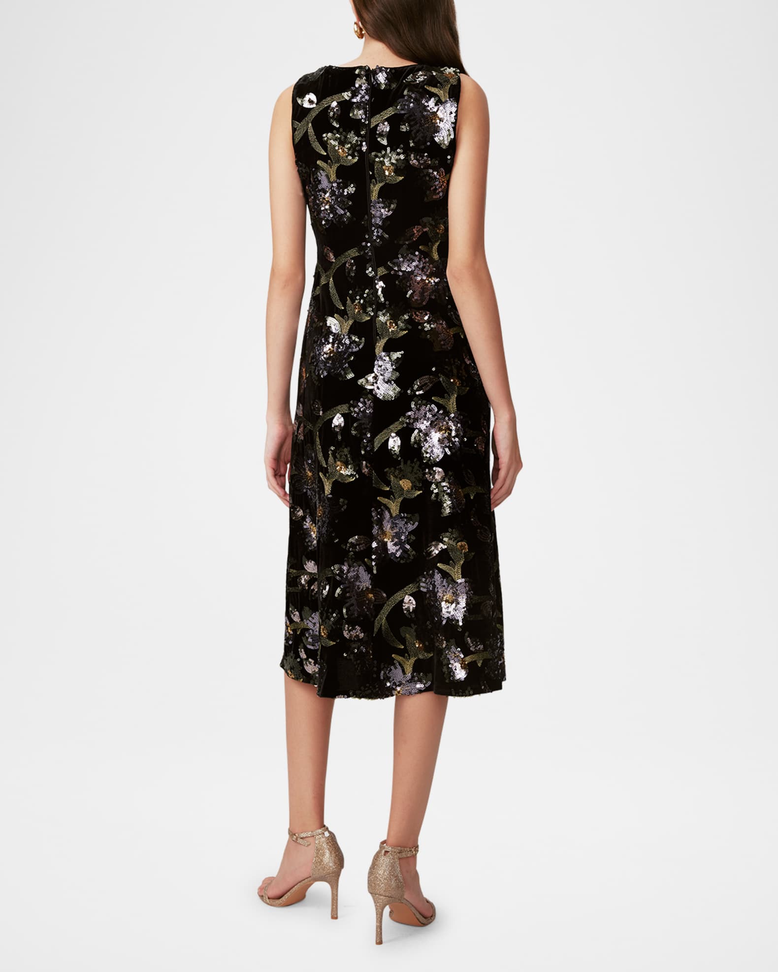 Coral Sleeveless Sequin Floral Midi Dress